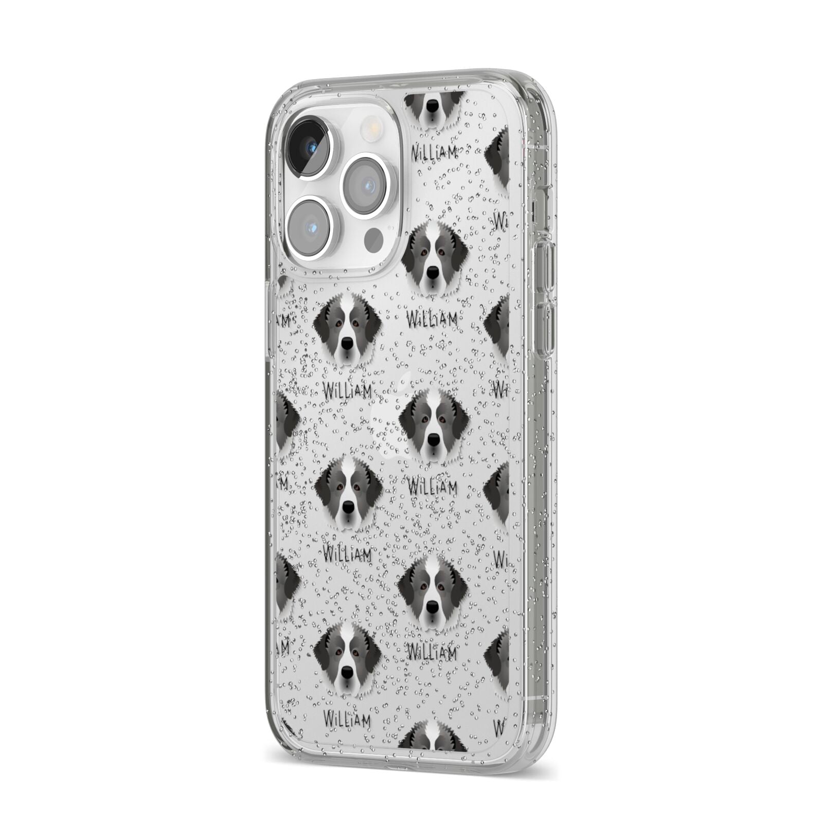 Pyrenean Mastiff Icon with Name iPhone 14 Pro Max Glitter Tough Case Silver Angled Image