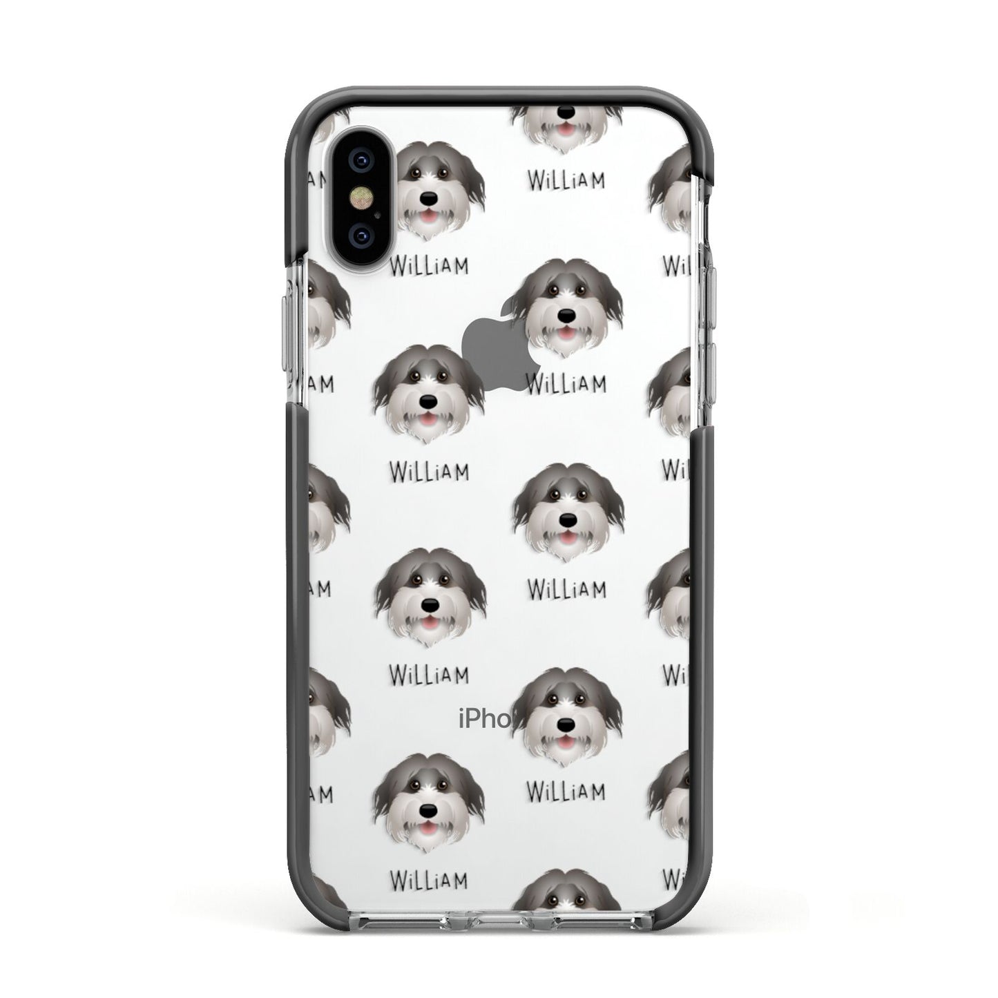 Pyrenean Shepherd Icon with Name Apple iPhone Xs Impact Case Black Edge on Silver Phone