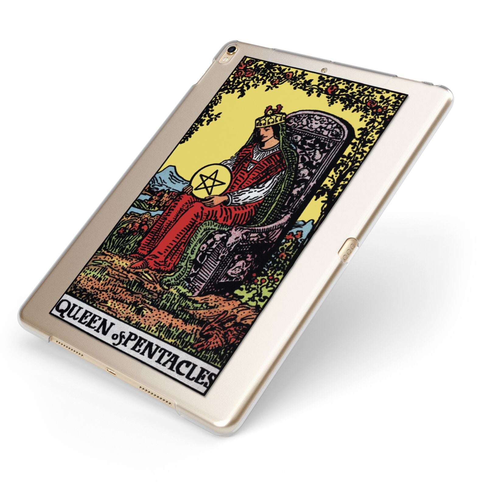 Queen of Pentacles Tarot Card Apple iPad Case on Gold iPad Side View