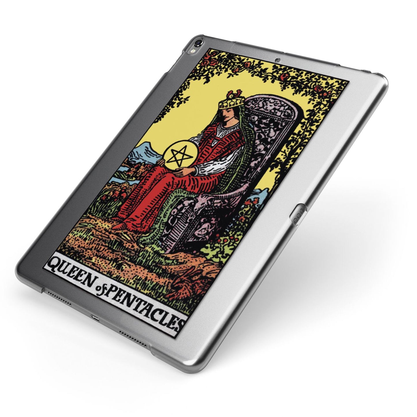 Queen of Pentacles Tarot Card Apple iPad Case on Grey iPad Side View