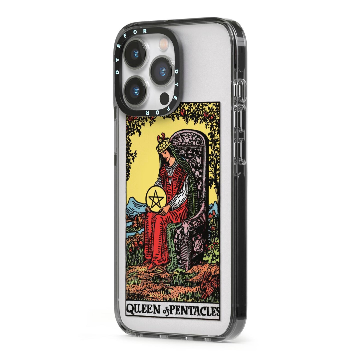 Queen of Pentacles Tarot Card iPhone 13 Pro Black Impact Case Side Angle on Silver phone