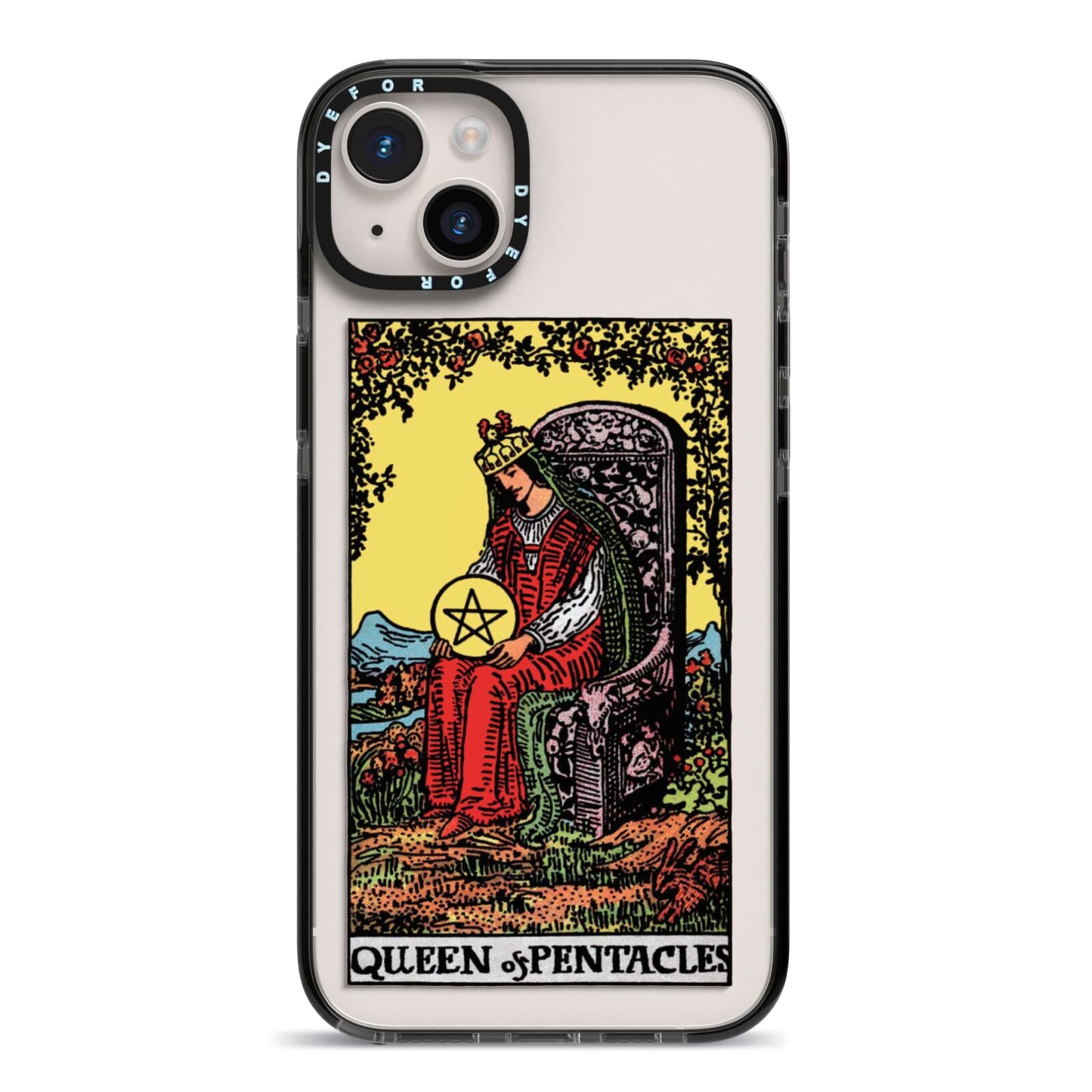 Queen of Pentacles Tarot Card iPhone 14 Plus Black Impact Case on Silver phone