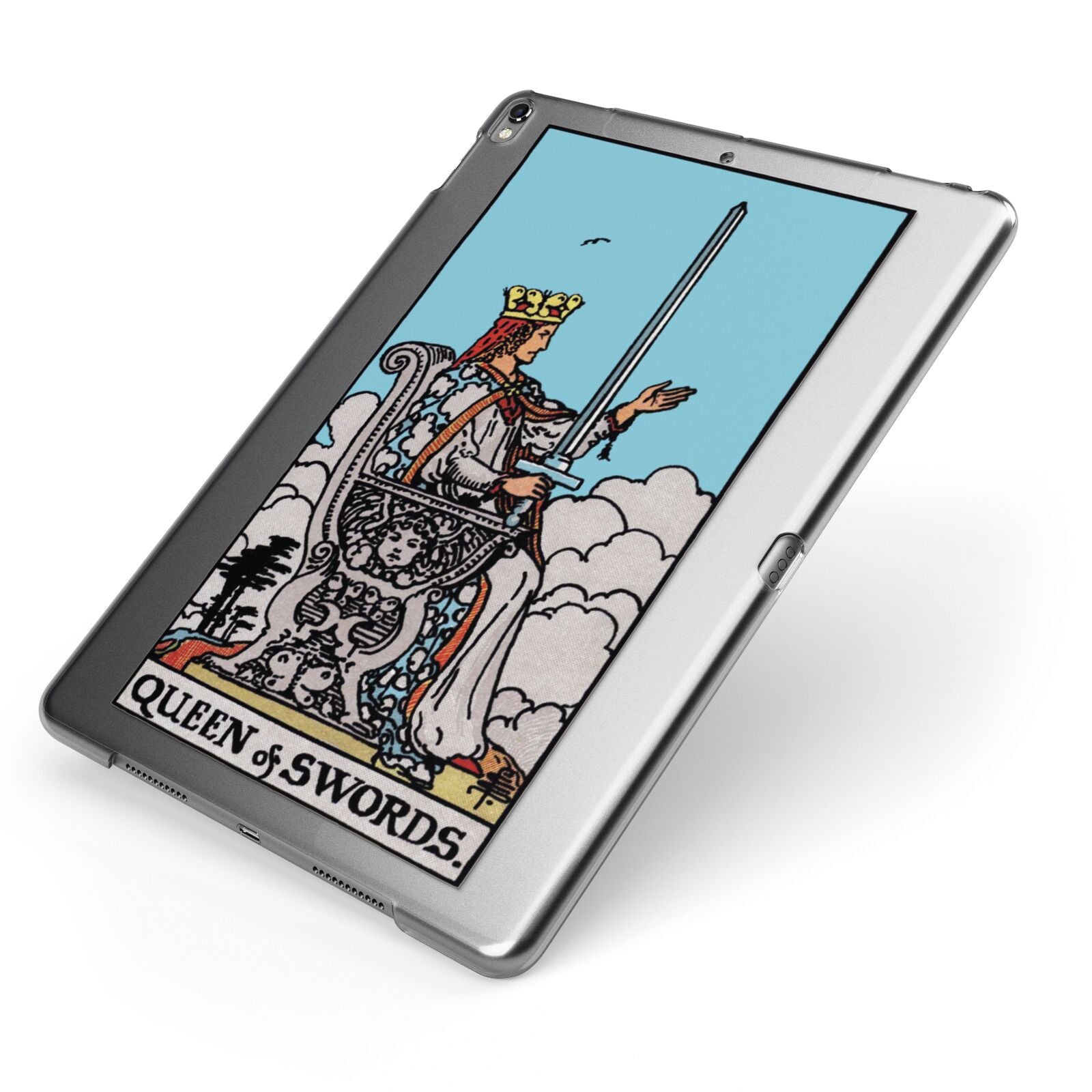 Queen of Swords Tarot Card Apple iPad Case on Grey iPad Side View