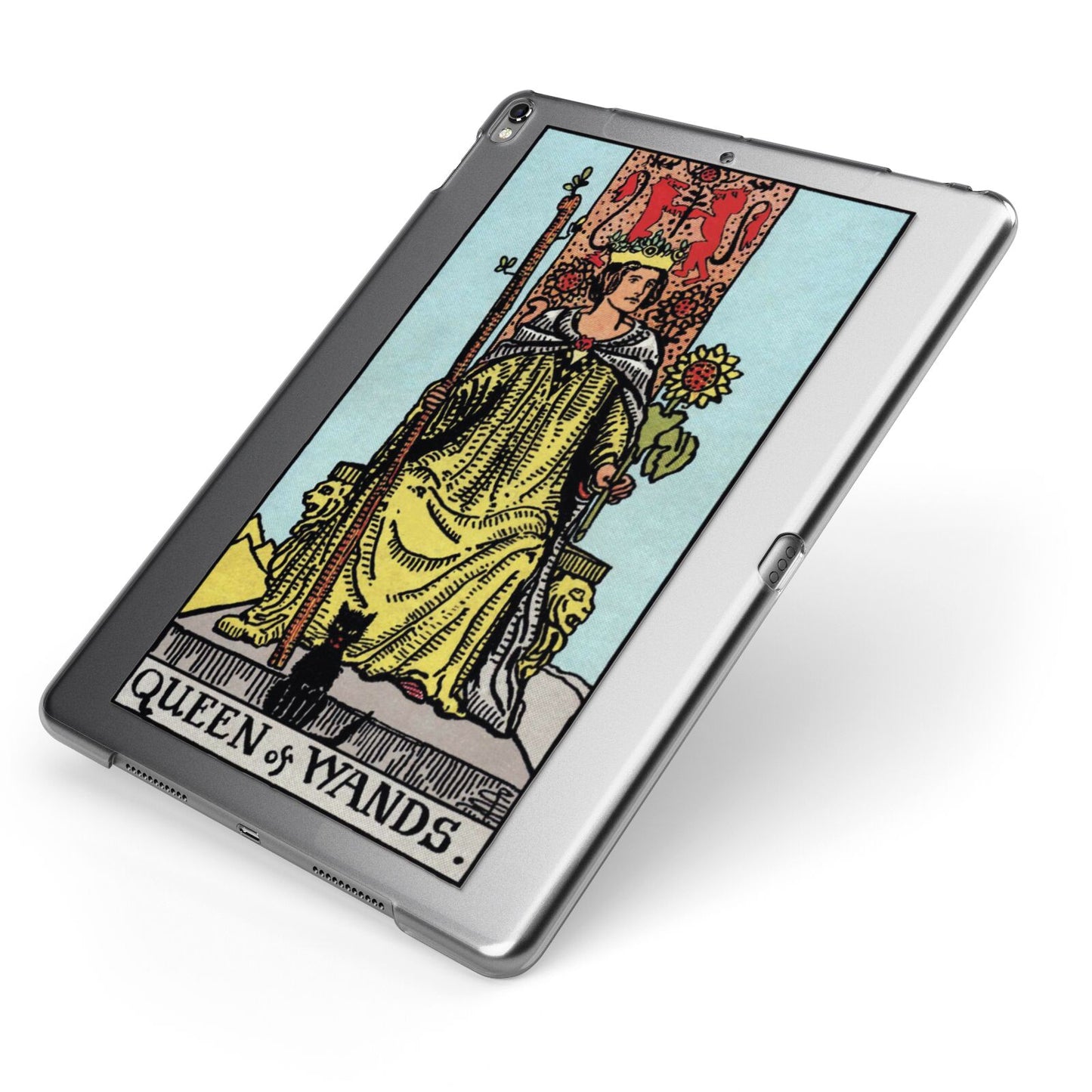 Queen of Wands Tarot Card Apple iPad Case on Grey iPad Side View