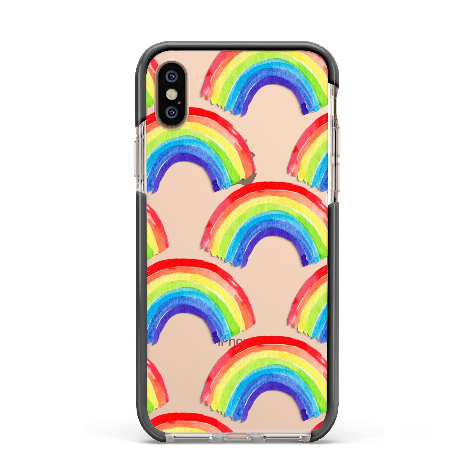 Rainbow Apple iPhone Xs Impact Case Black Edge on Gold Phone