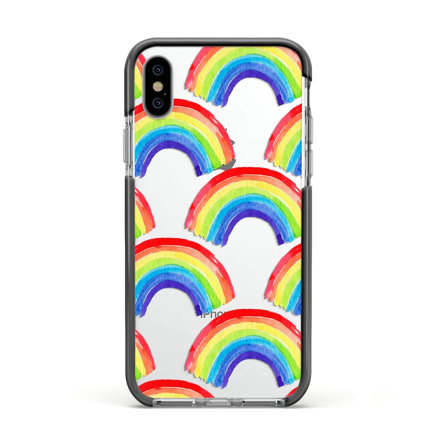 Rainbow Apple iPhone Xs Impact Case Black Edge on Silver Phone