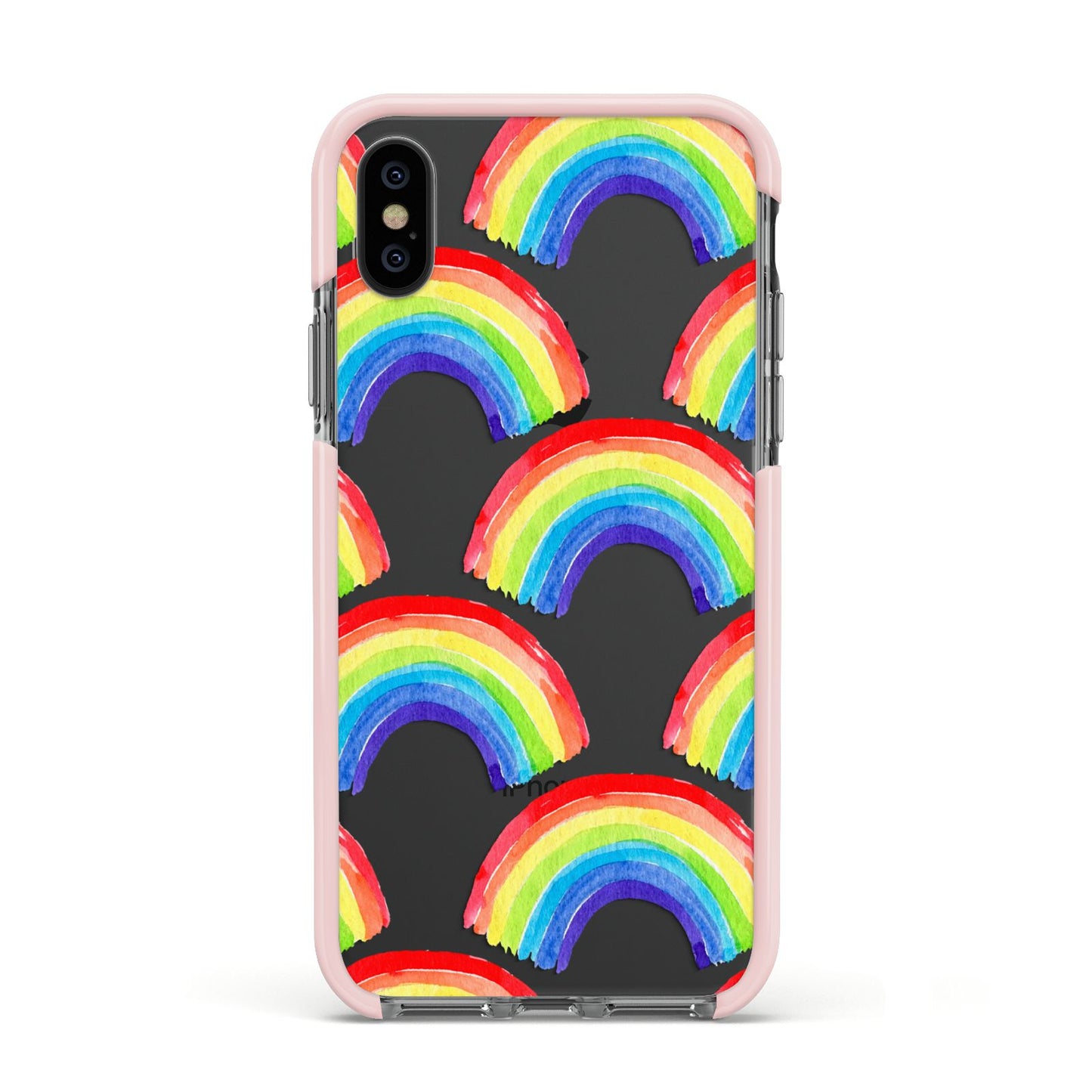 Rainbow Apple iPhone Xs Impact Case Pink Edge on Black Phone