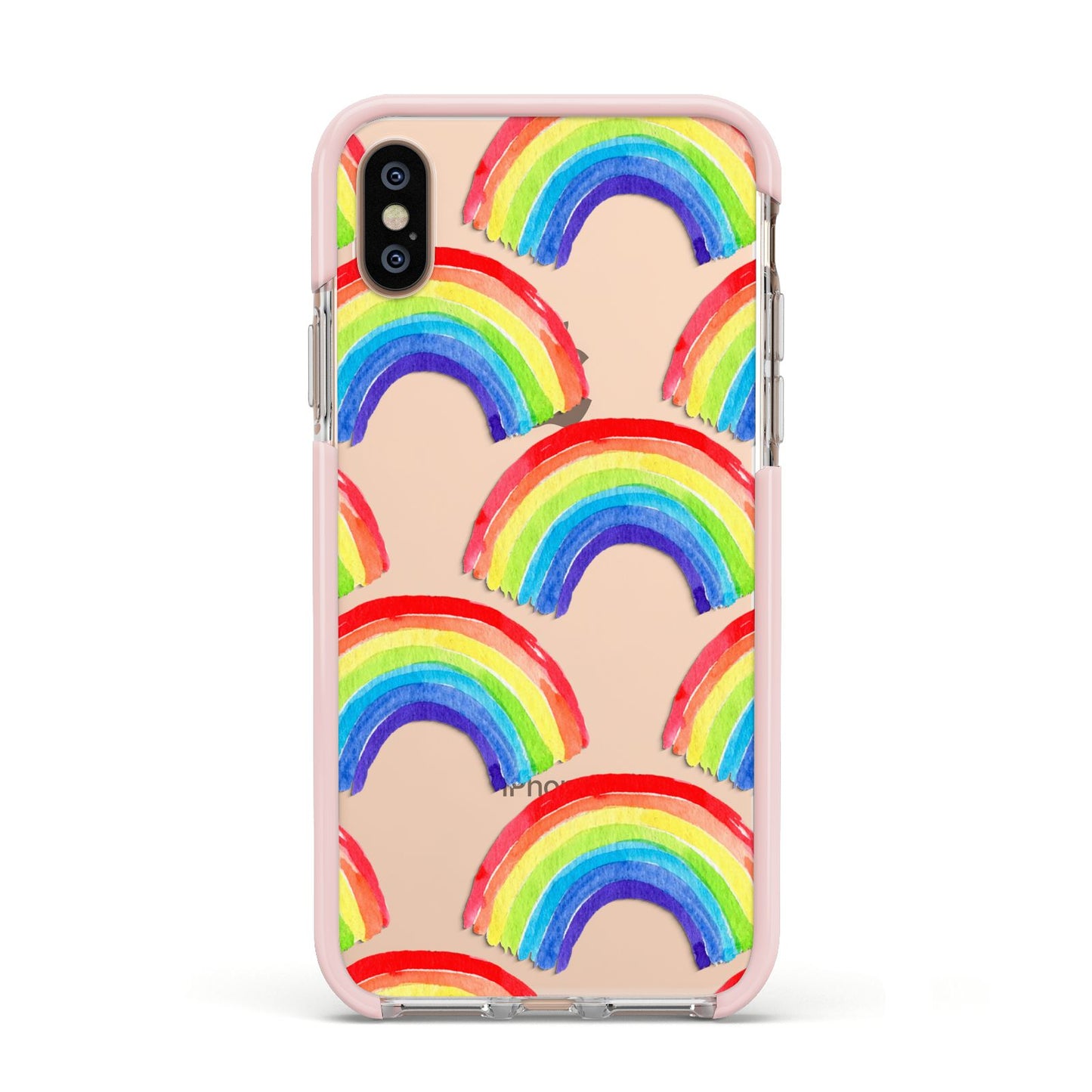 Rainbow Apple iPhone Xs Impact Case Pink Edge on Gold Phone