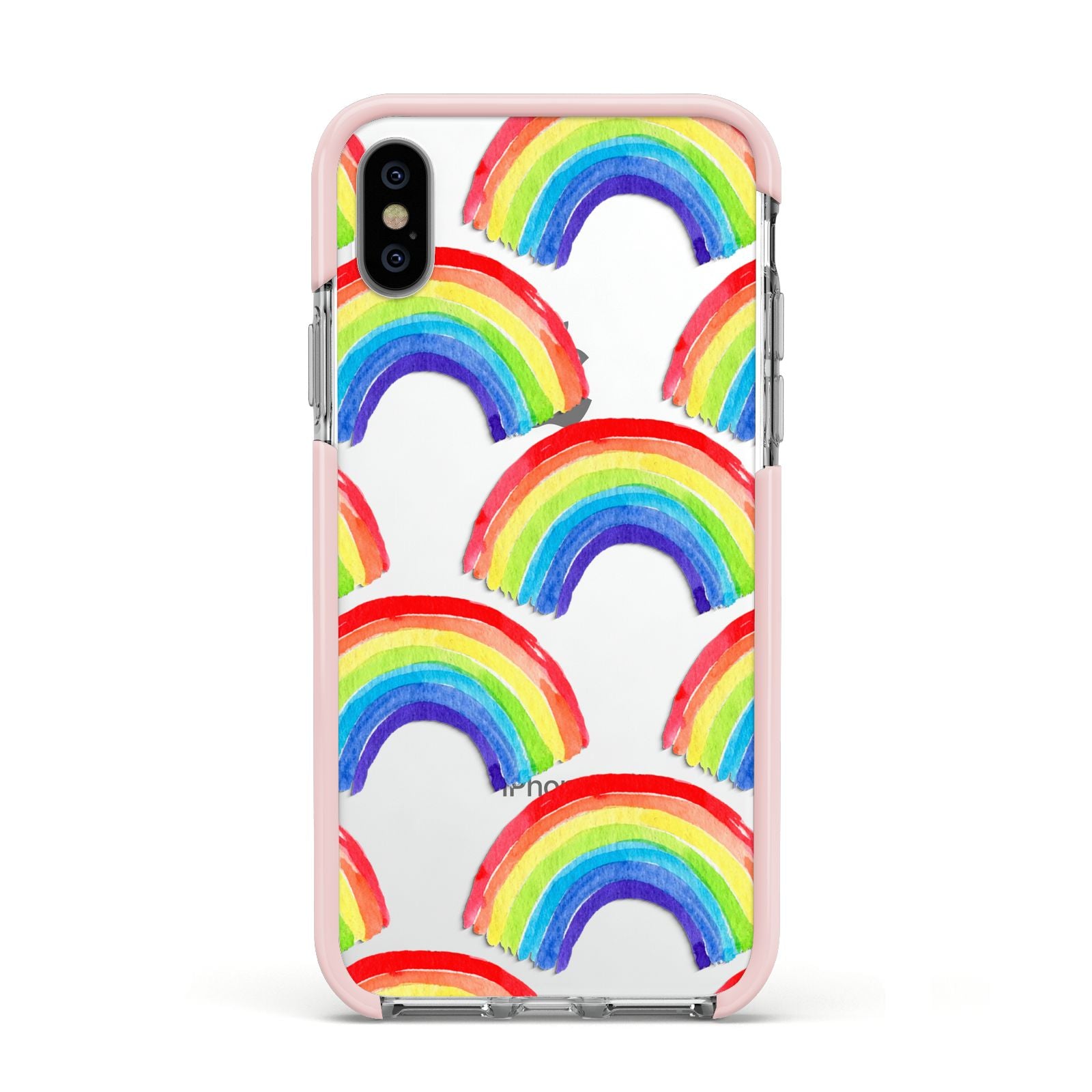 Rainbow Apple iPhone Xs Impact Case Pink Edge on Silver Phone