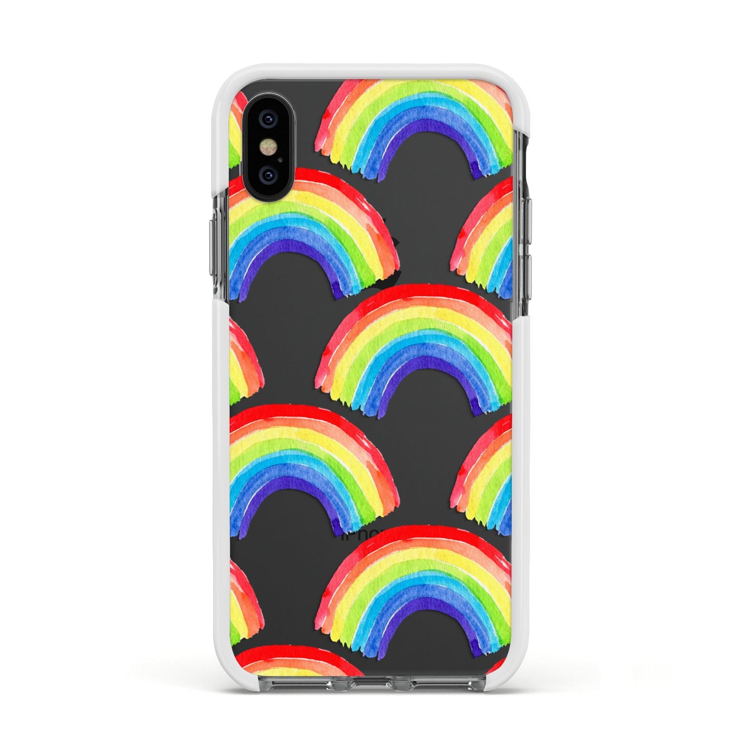 Rainbow Apple iPhone Xs Impact Case White Edge on Black Phone