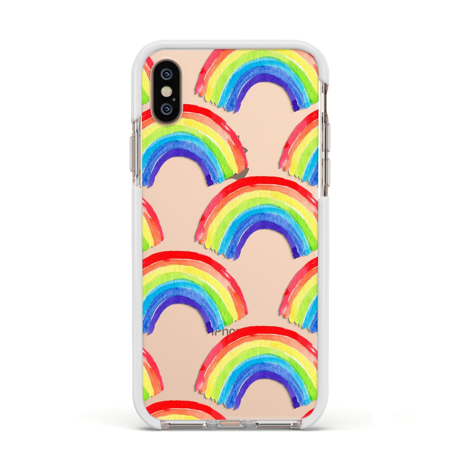 Rainbow Apple iPhone Xs Impact Case White Edge on Gold Phone