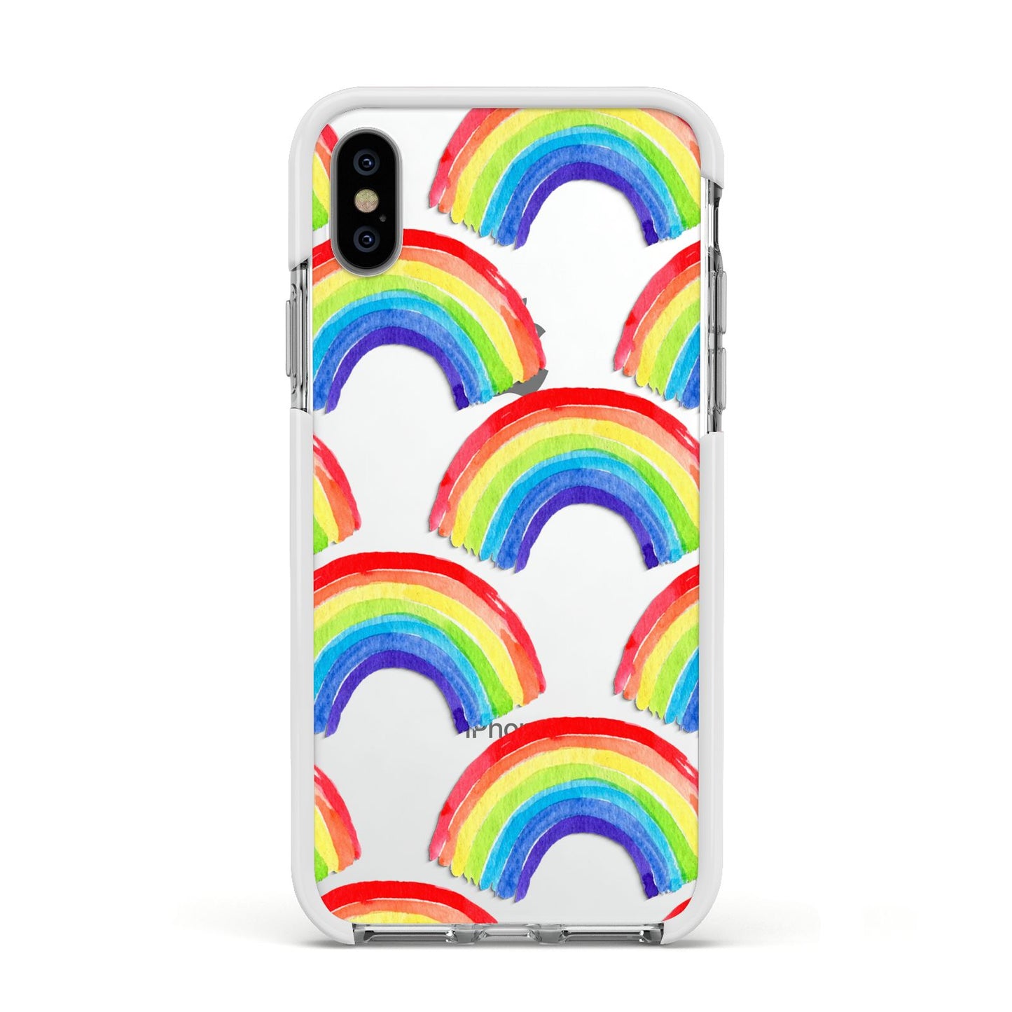 Rainbow Apple iPhone Xs Impact Case White Edge on Silver Phone