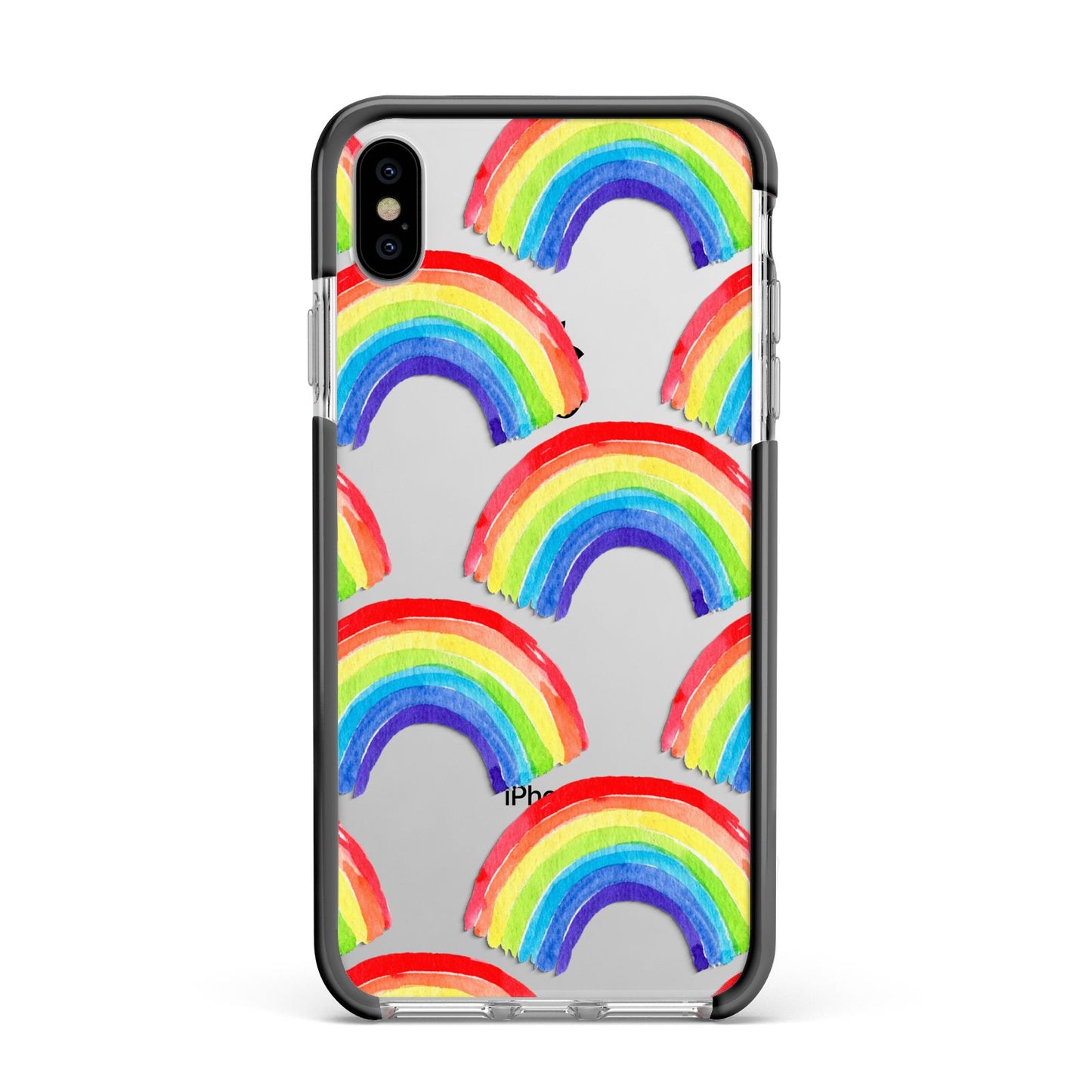 Rainbow Apple iPhone Xs Max Impact Case Black Edge on Silver Phone