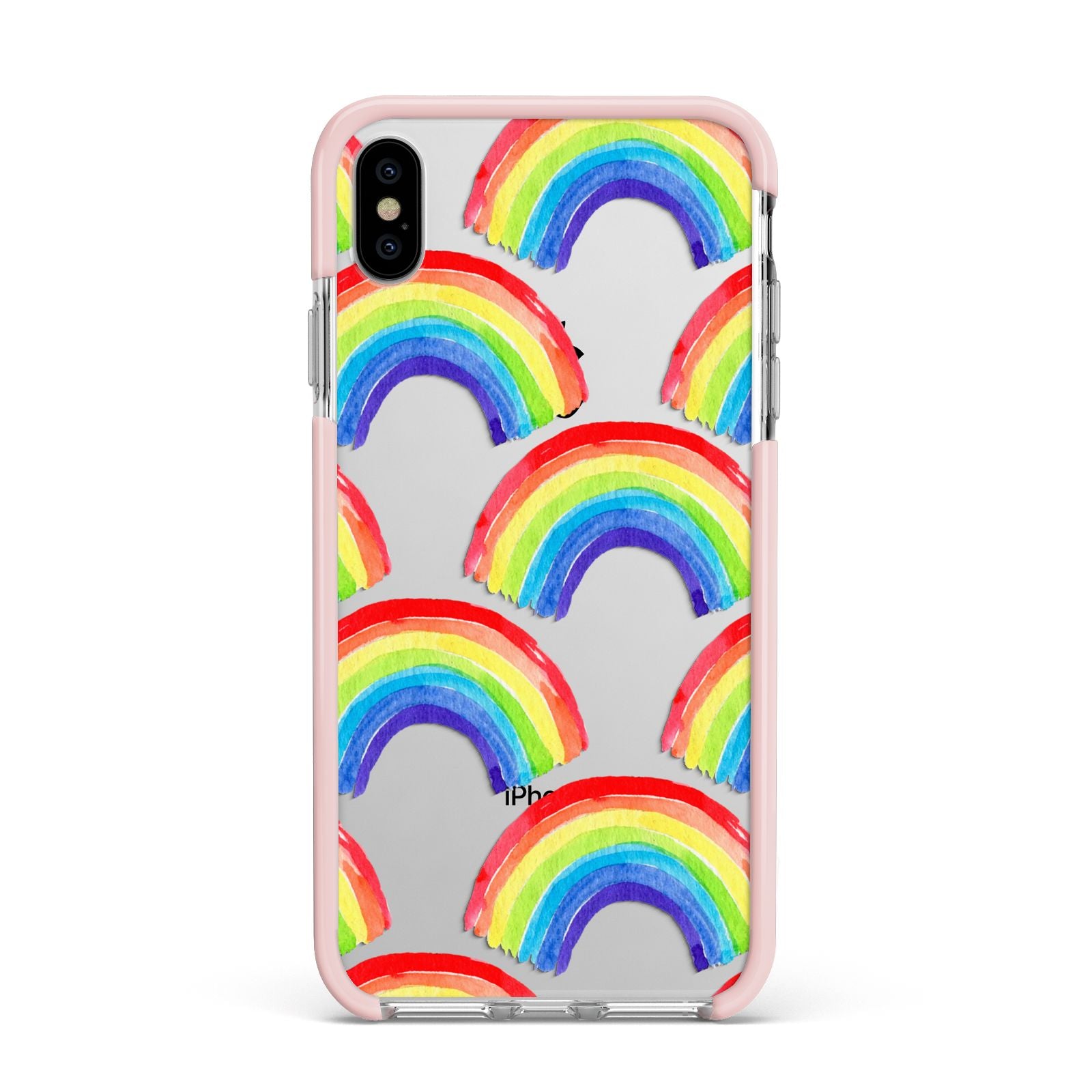 Rainbow Apple iPhone Xs Max Impact Case Pink Edge on Silver Phone