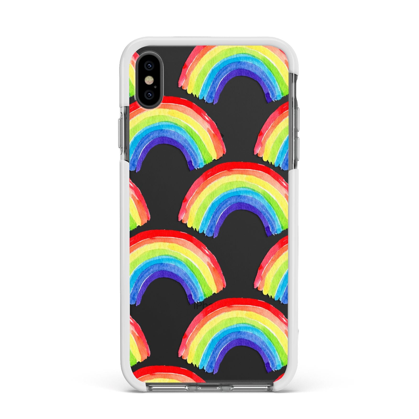 Rainbow Apple iPhone Xs Max Impact Case White Edge on Black Phone