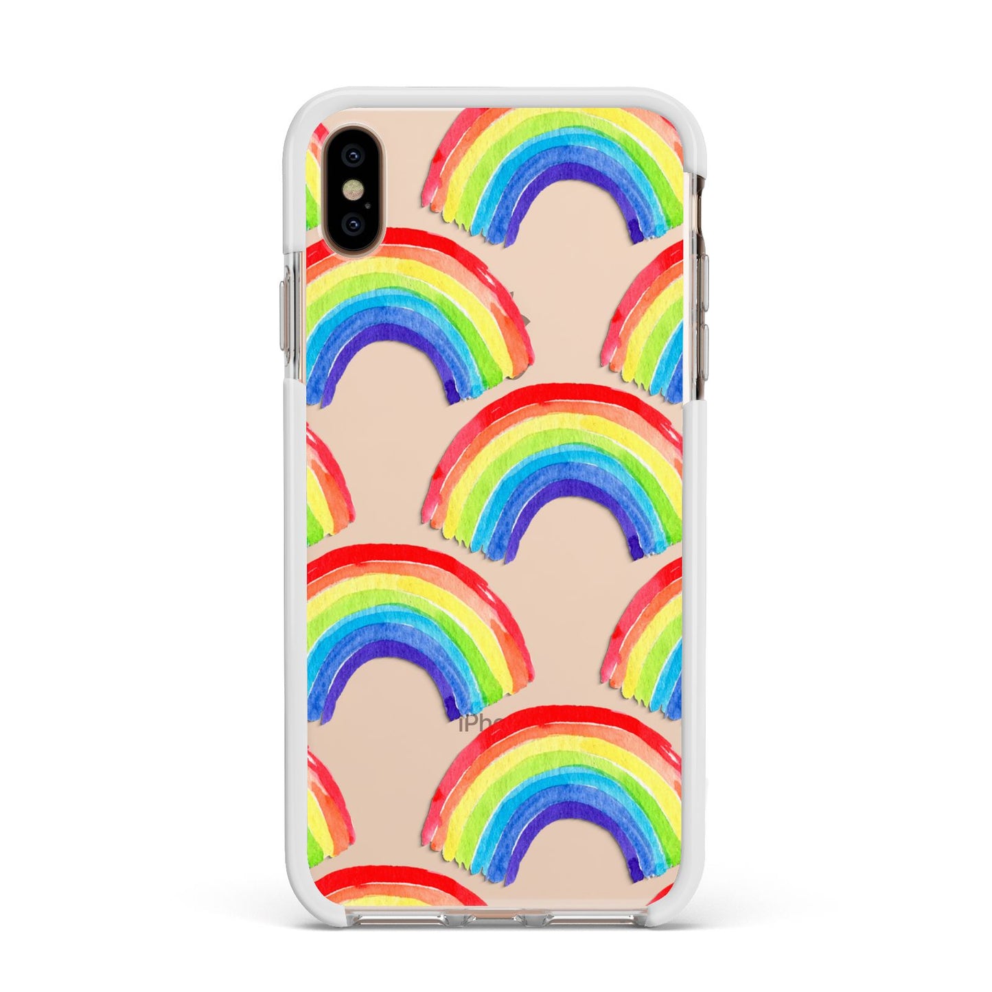 Rainbow Apple iPhone Xs Max Impact Case White Edge on Gold Phone