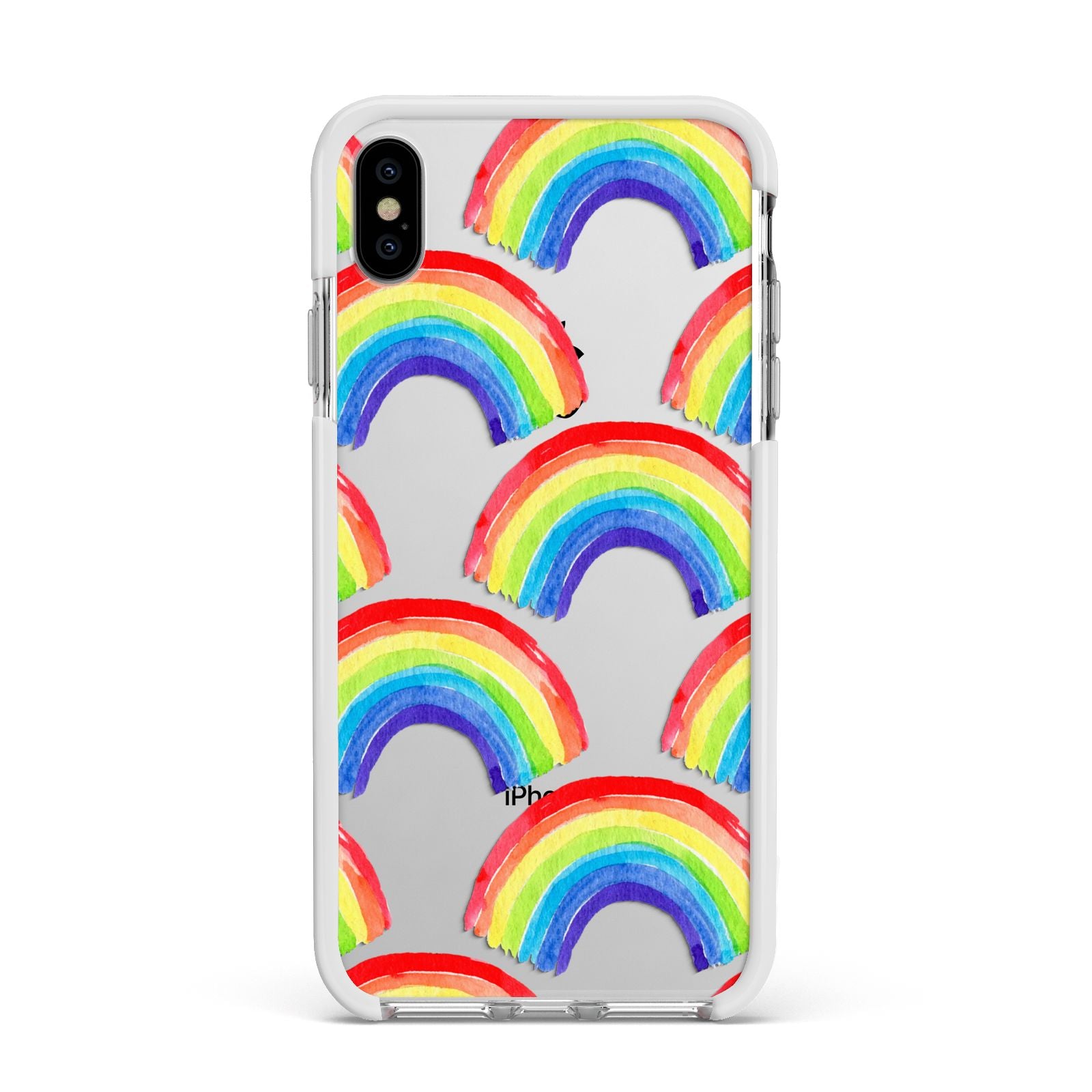 Rainbow Apple iPhone Xs Max Impact Case White Edge on Silver Phone