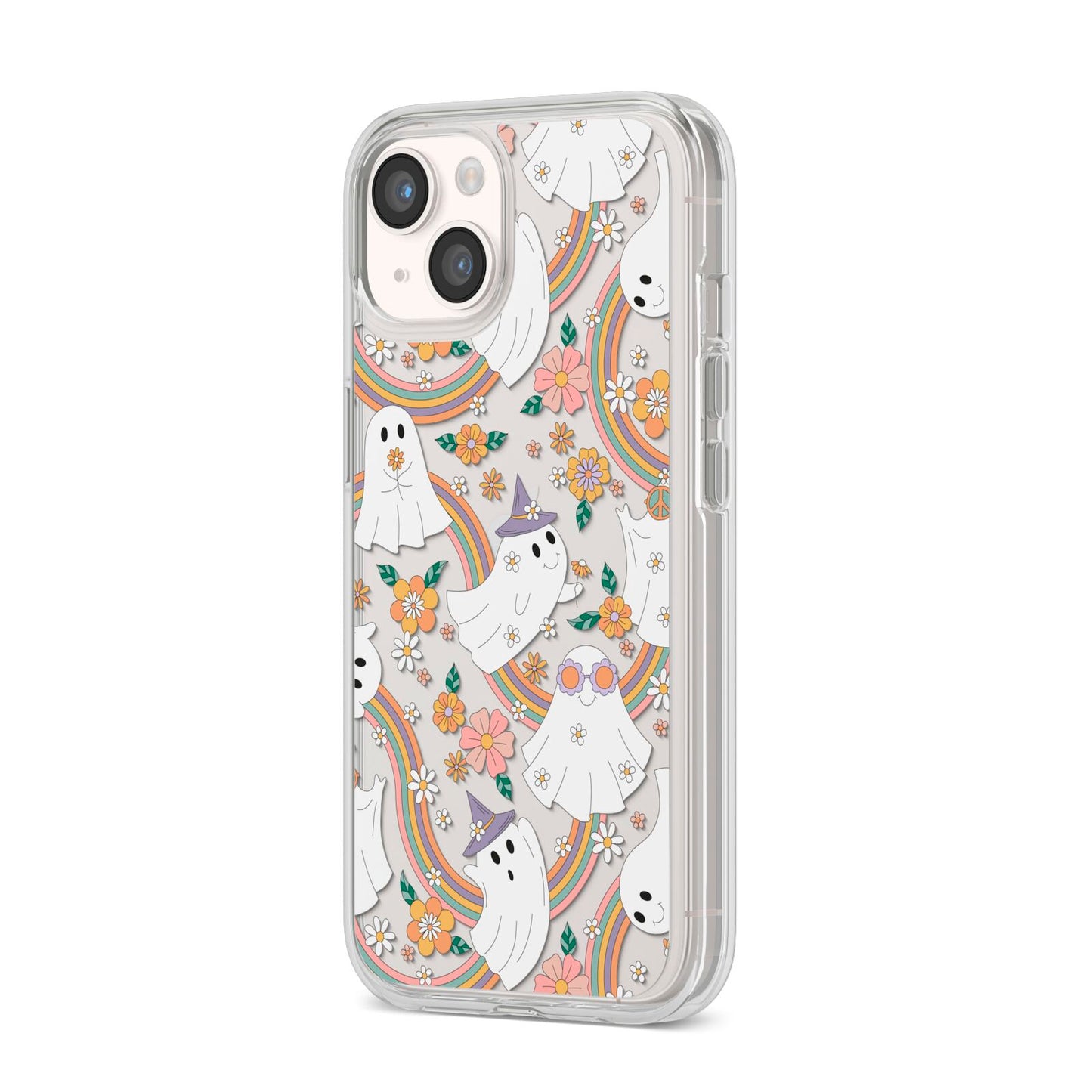 Rainbow Ghost iPhone 14 Clear Tough Case Starlight Angled Image