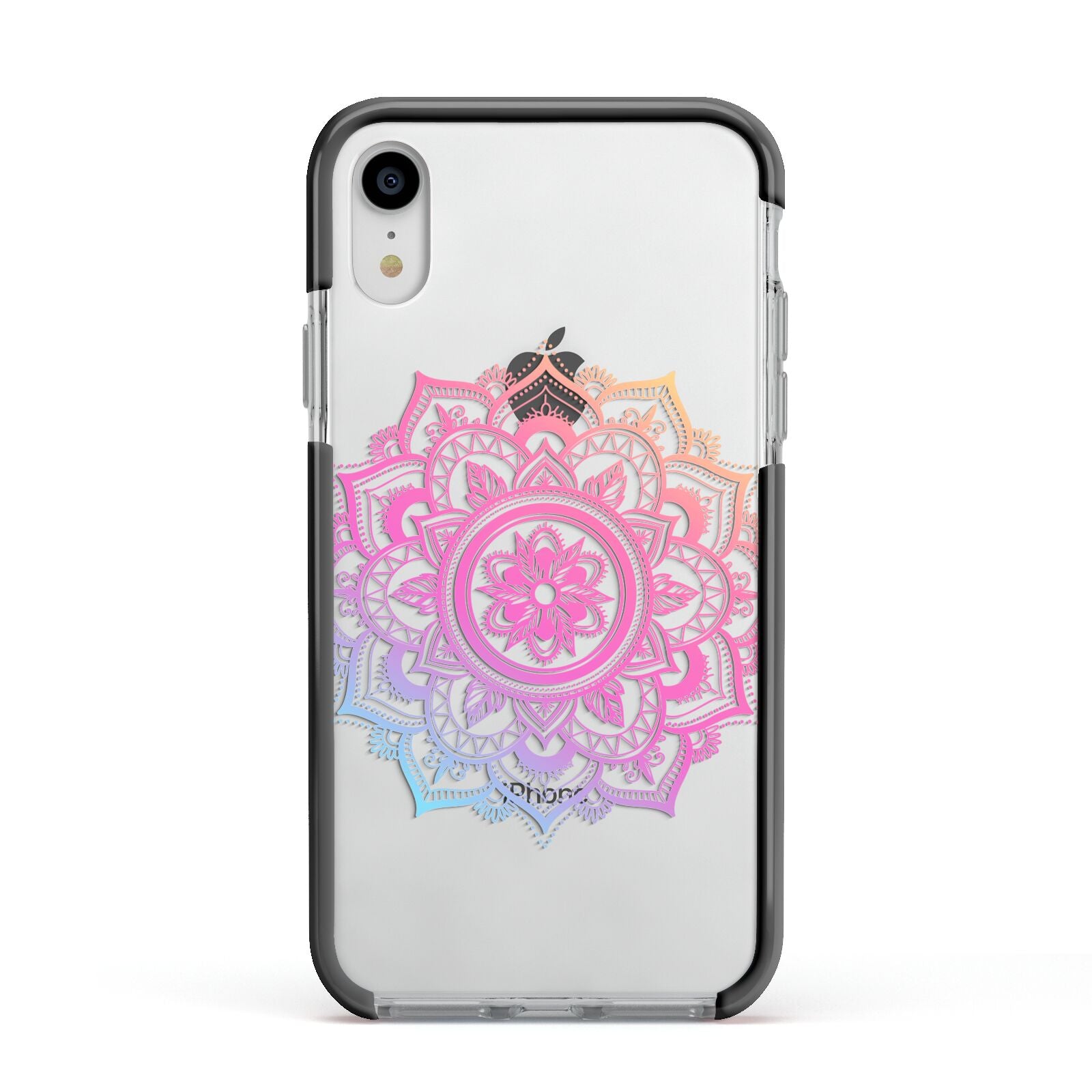 Rainbow Mandala Apple iPhone XR Impact Case Black Edge on Silver Phone