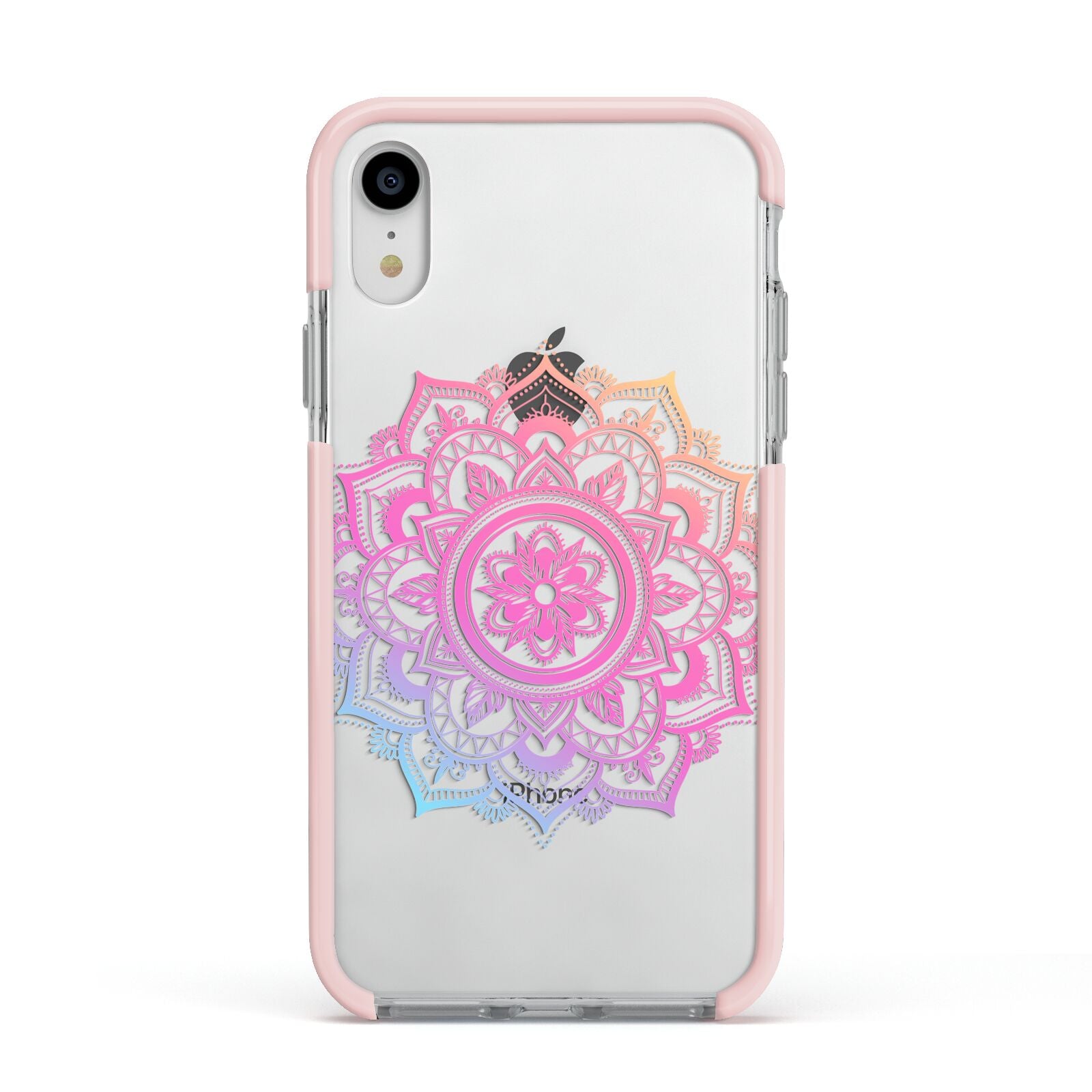 Rainbow Mandala Apple iPhone XR Impact Case Pink Edge on Silver Phone