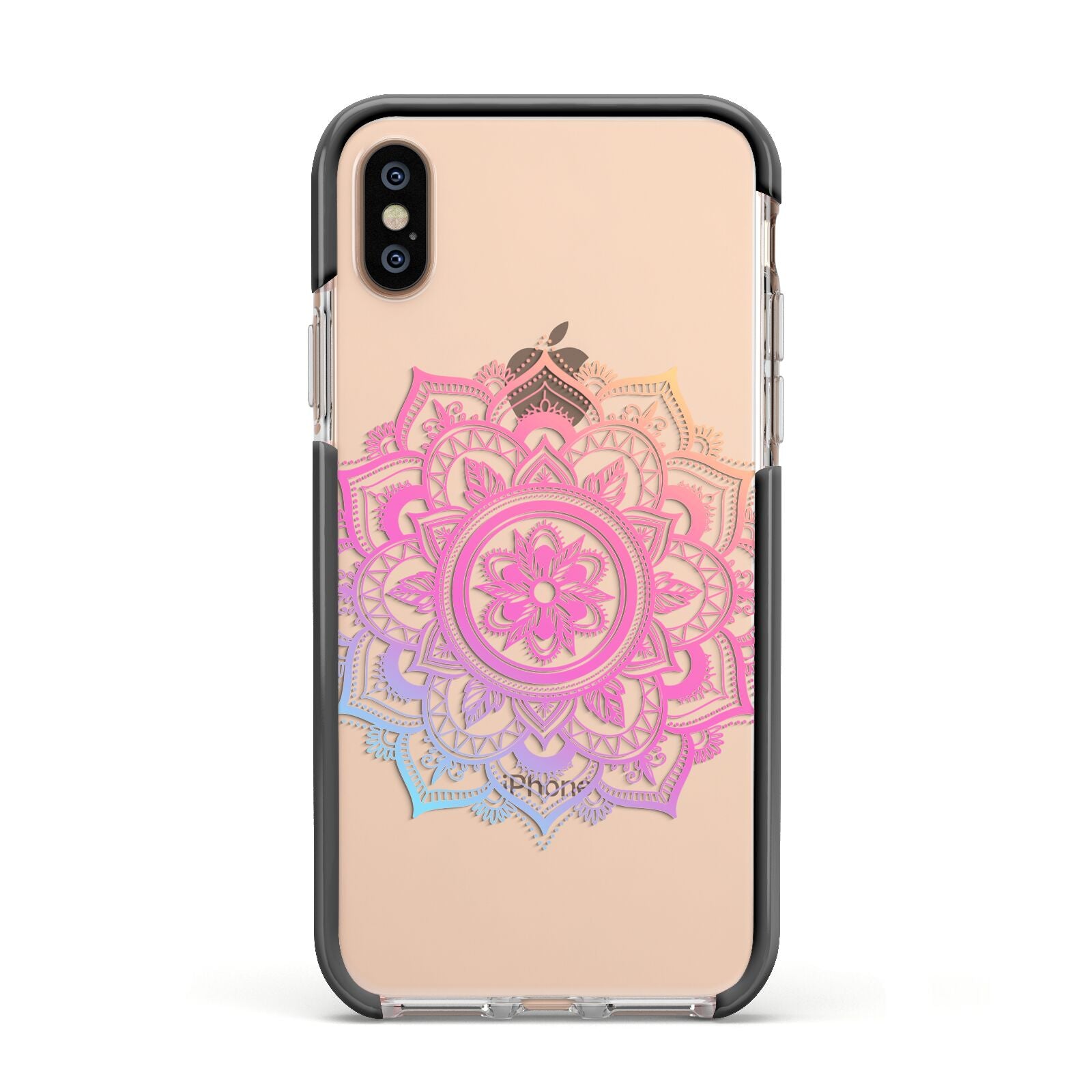 Rainbow Mandala Apple iPhone Xs Impact Case Black Edge on Gold Phone