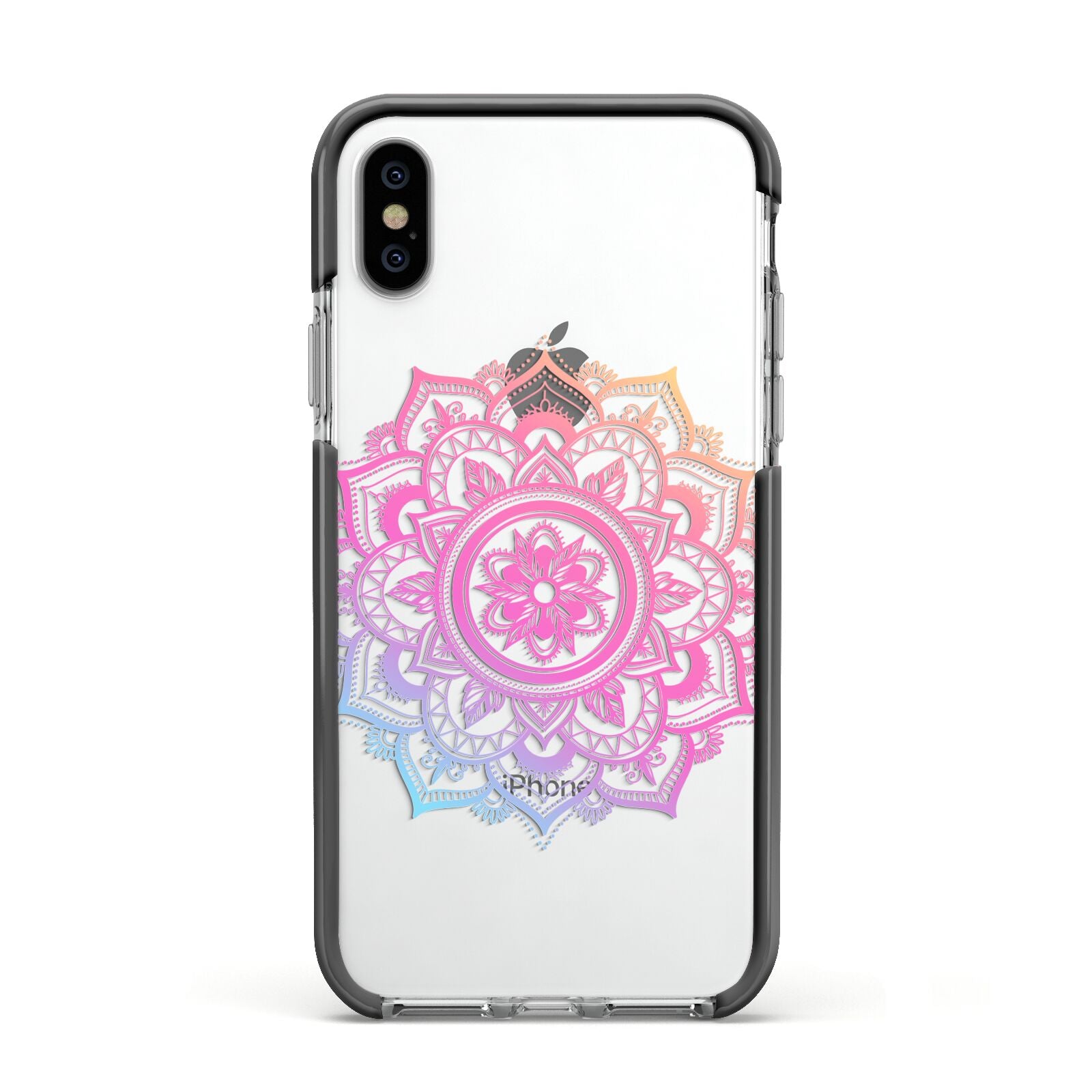 Rainbow Mandala Apple iPhone Xs Impact Case Black Edge on Silver Phone