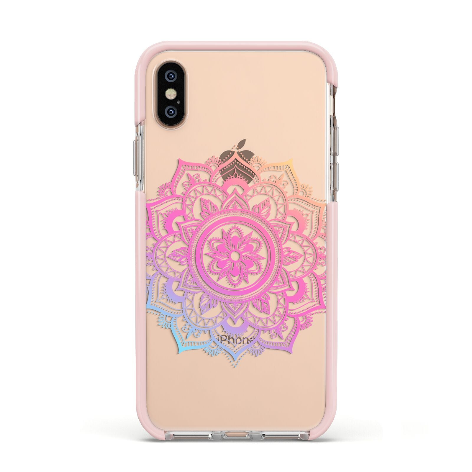 Rainbow Mandala Apple iPhone Xs Impact Case Pink Edge on Gold Phone