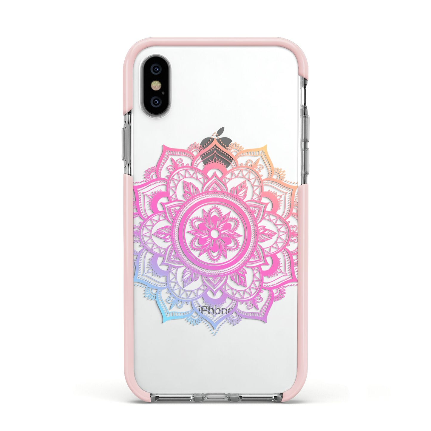 Rainbow Mandala Apple iPhone Xs Impact Case Pink Edge on Silver Phone