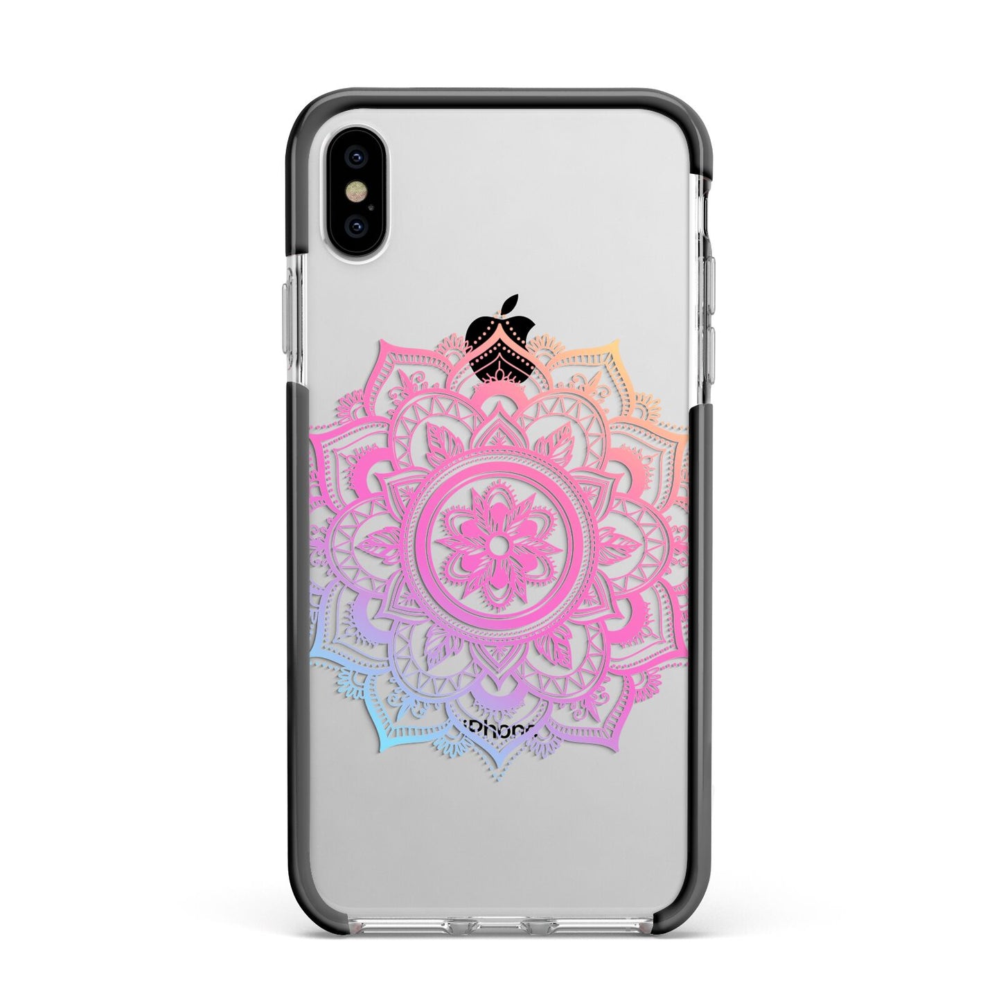 Rainbow Mandala Apple iPhone Xs Max Impact Case Black Edge on Silver Phone