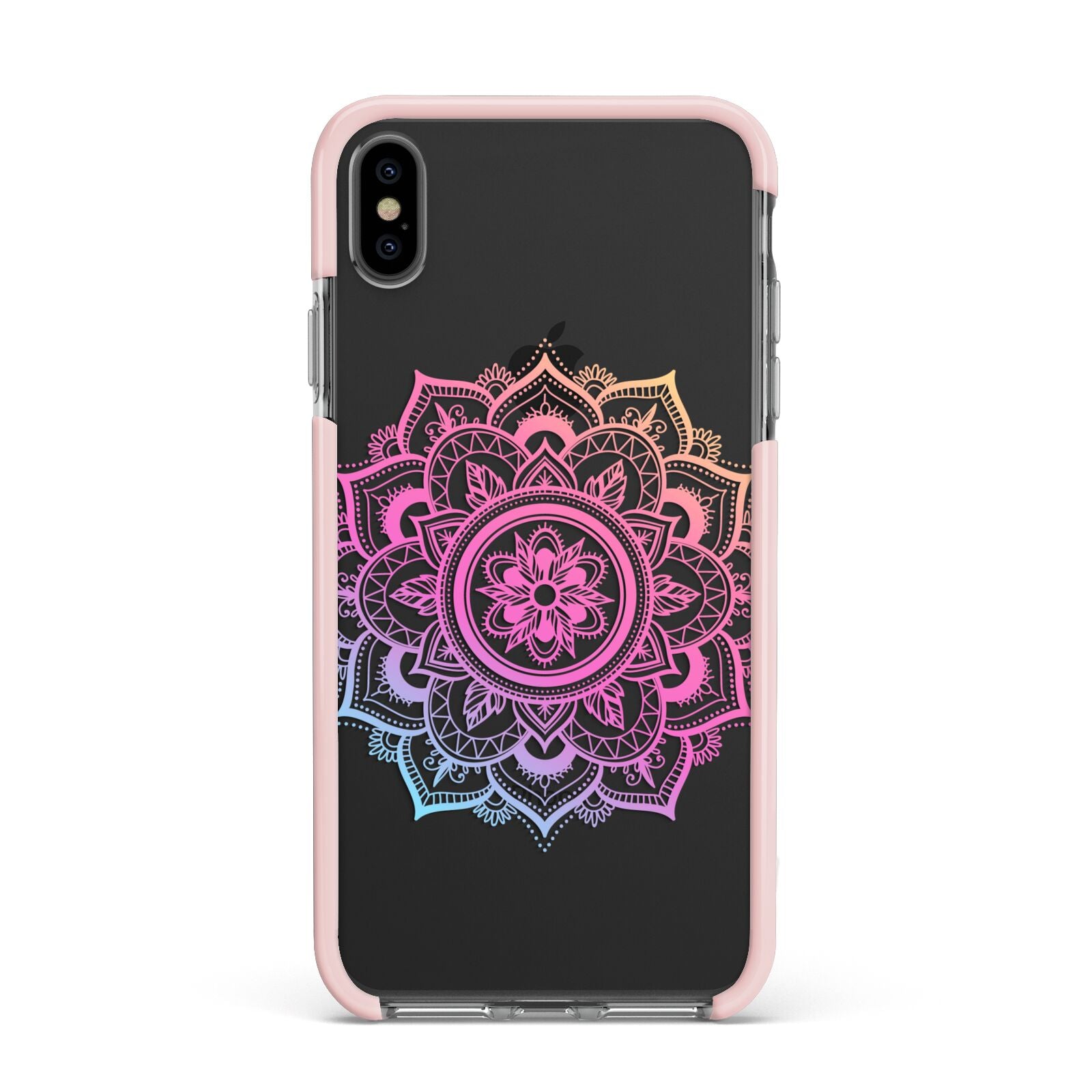 Rainbow Mandala Apple iPhone Xs Max Impact Case Pink Edge on Black Phone