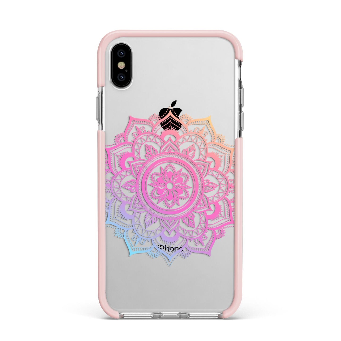 Rainbow Mandala Apple iPhone Xs Max Impact Case Pink Edge on Silver Phone