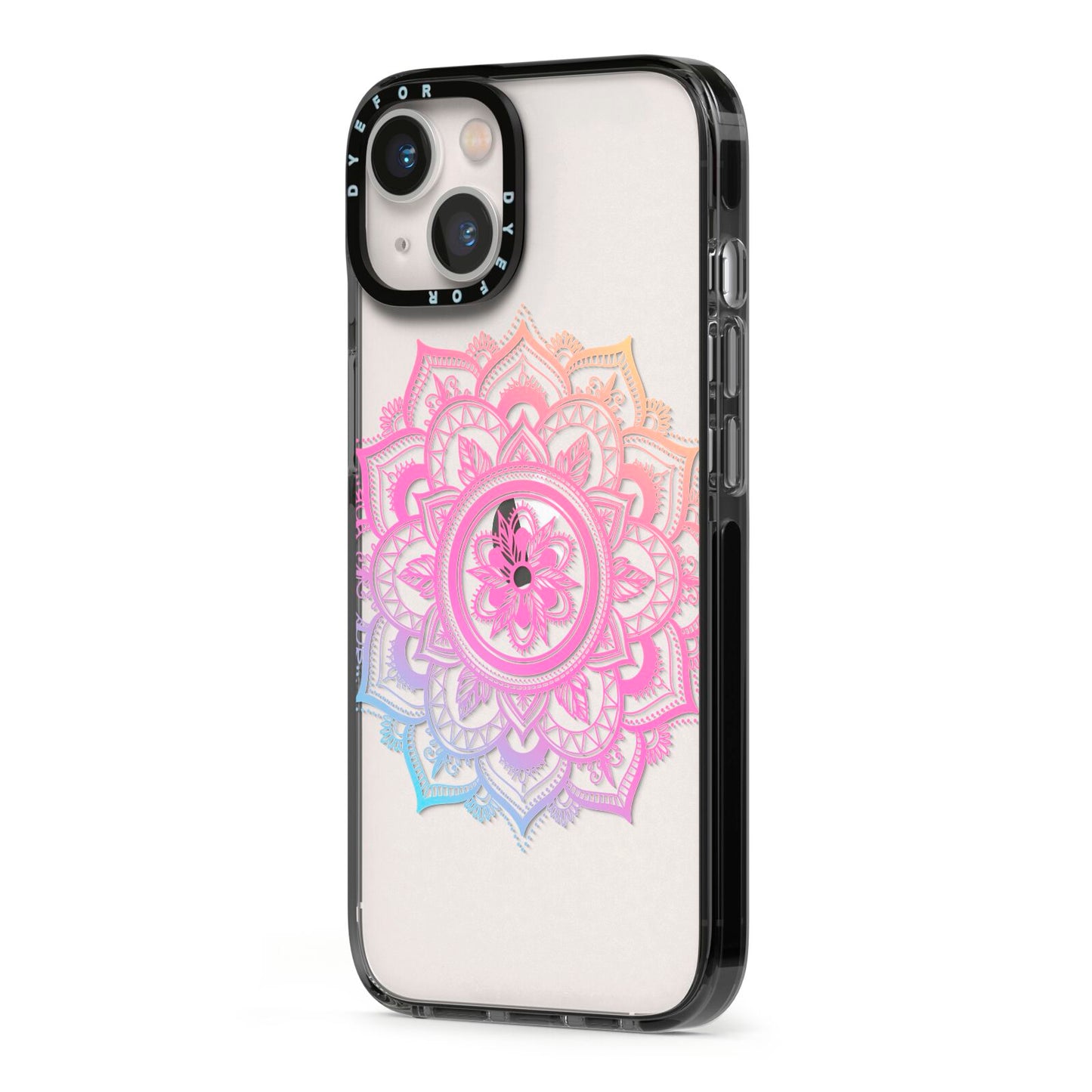 Rainbow Mandala iPhone 13 Black Impact Case Side Angle on Silver phone