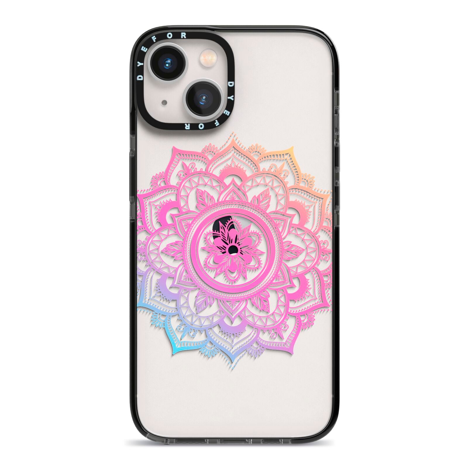 Rainbow Mandala iPhone 13 Black Impact Case on Silver phone