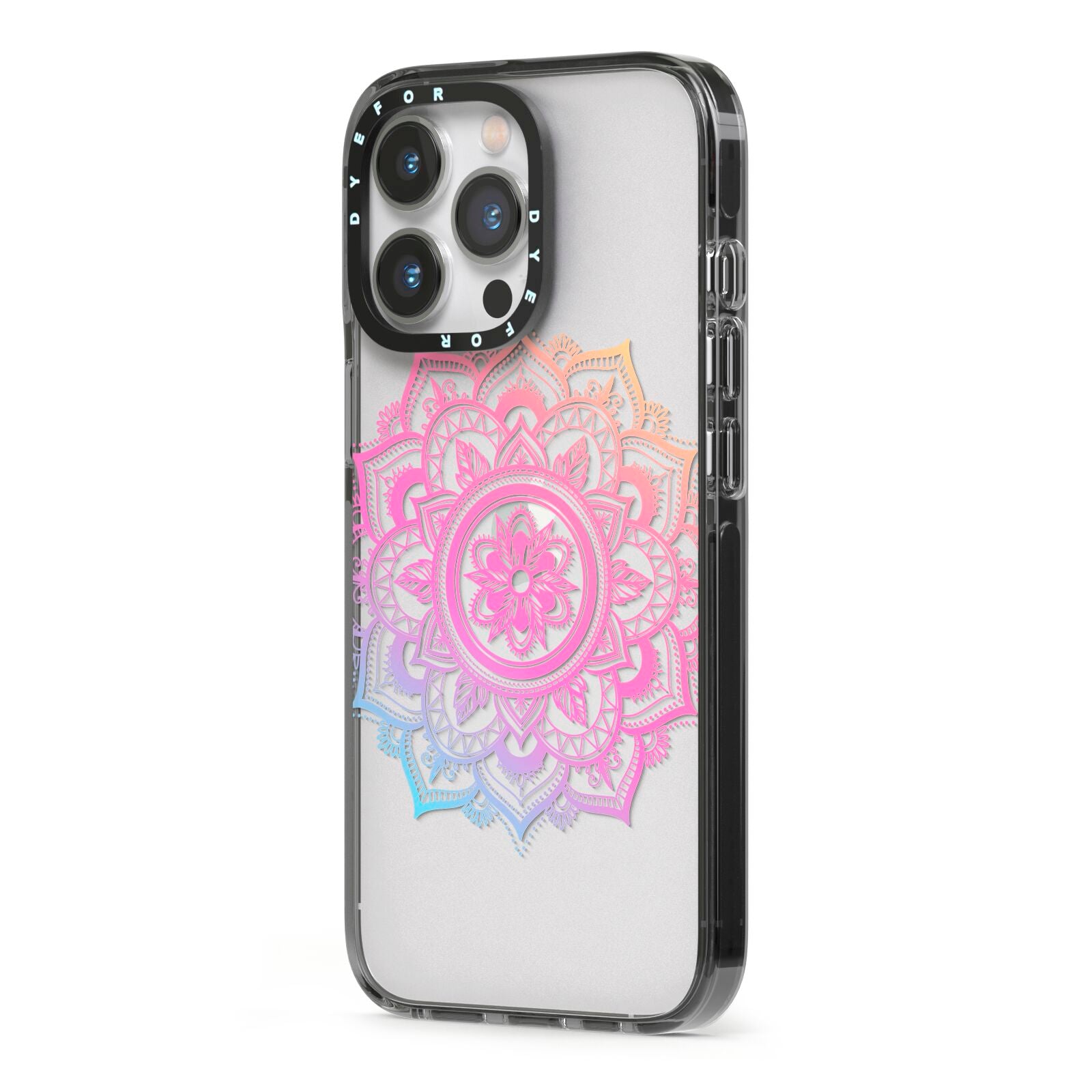 Rainbow Mandala iPhone 13 Pro Black Impact Case Side Angle on Silver phone