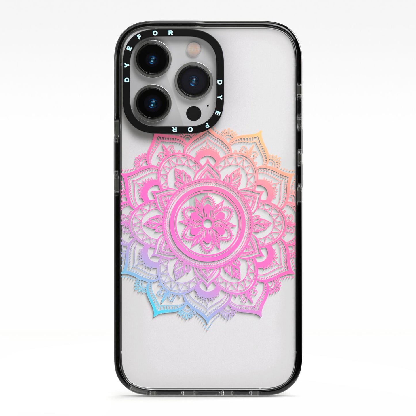 Rainbow Mandala iPhone 13 Pro Black Impact Case on Silver phone