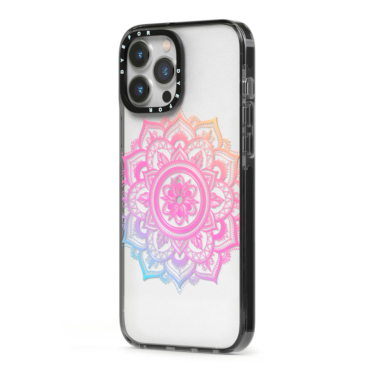 Rainbow Mandala iPhone 13 Pro Max Black Impact Case Side Angle on Silver phone