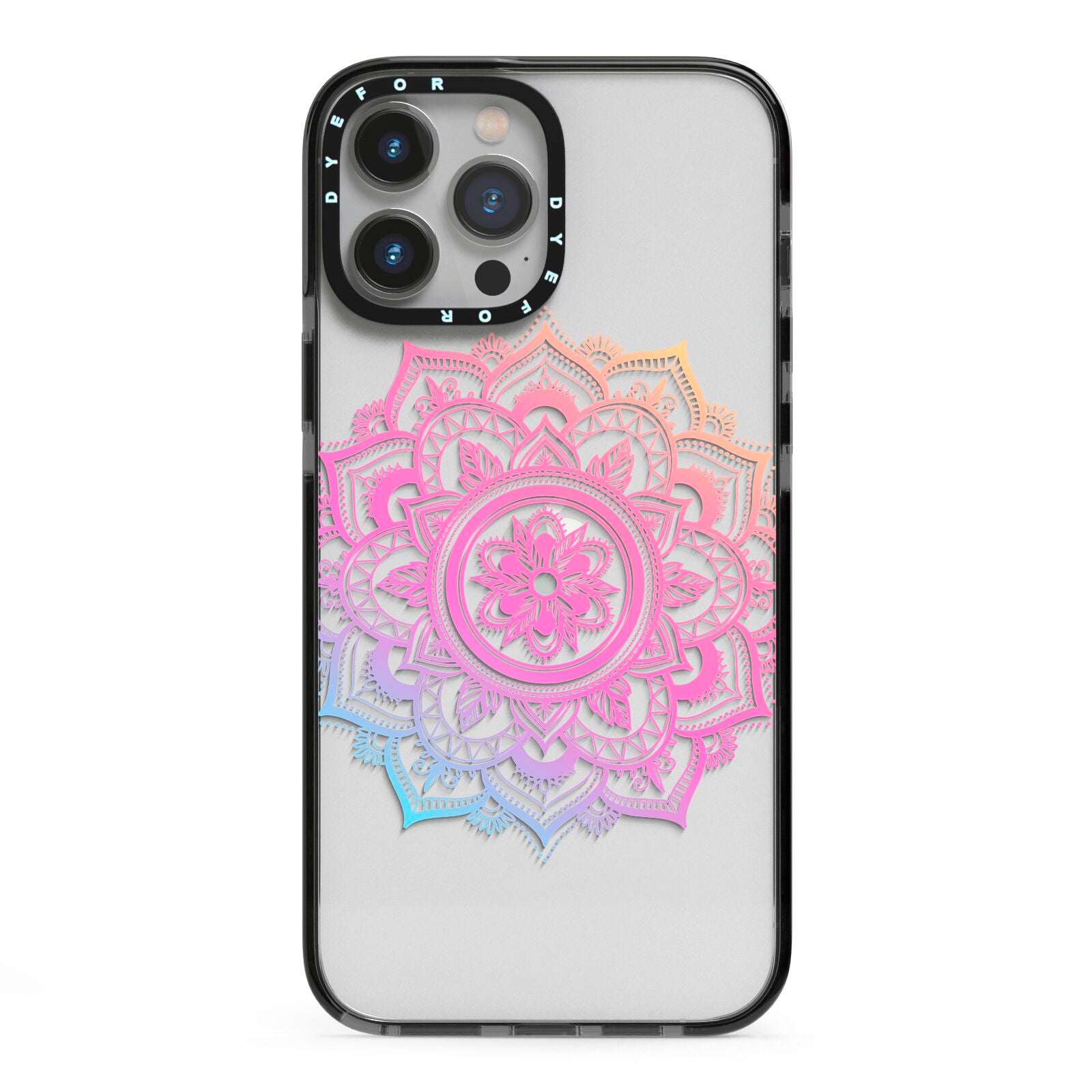 Rainbow Mandala iPhone 13 Pro Max Black Impact Case on Silver phone