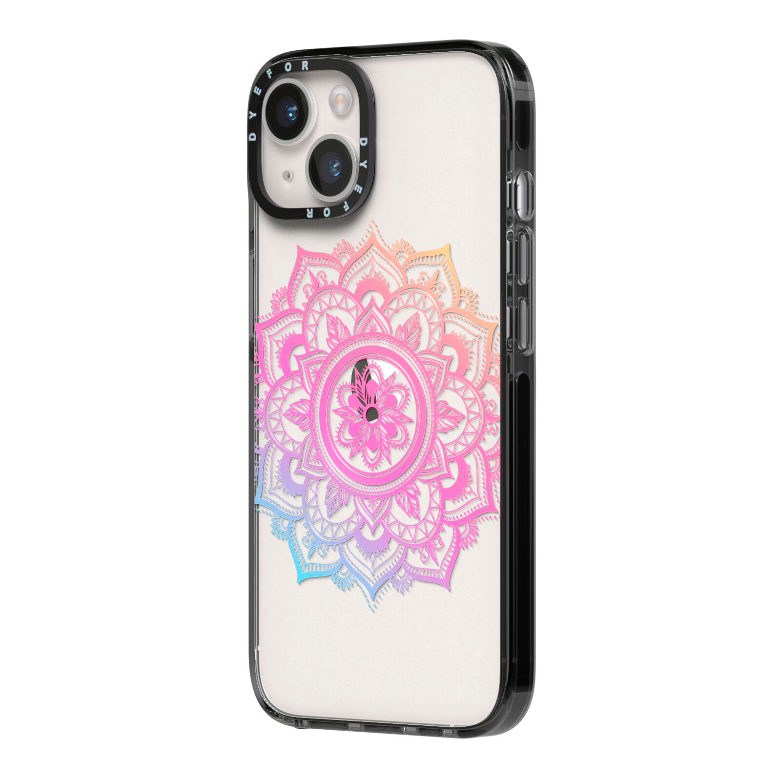 Rainbow Mandala iPhone 14 Black Impact Case Side Angle on Silver phone