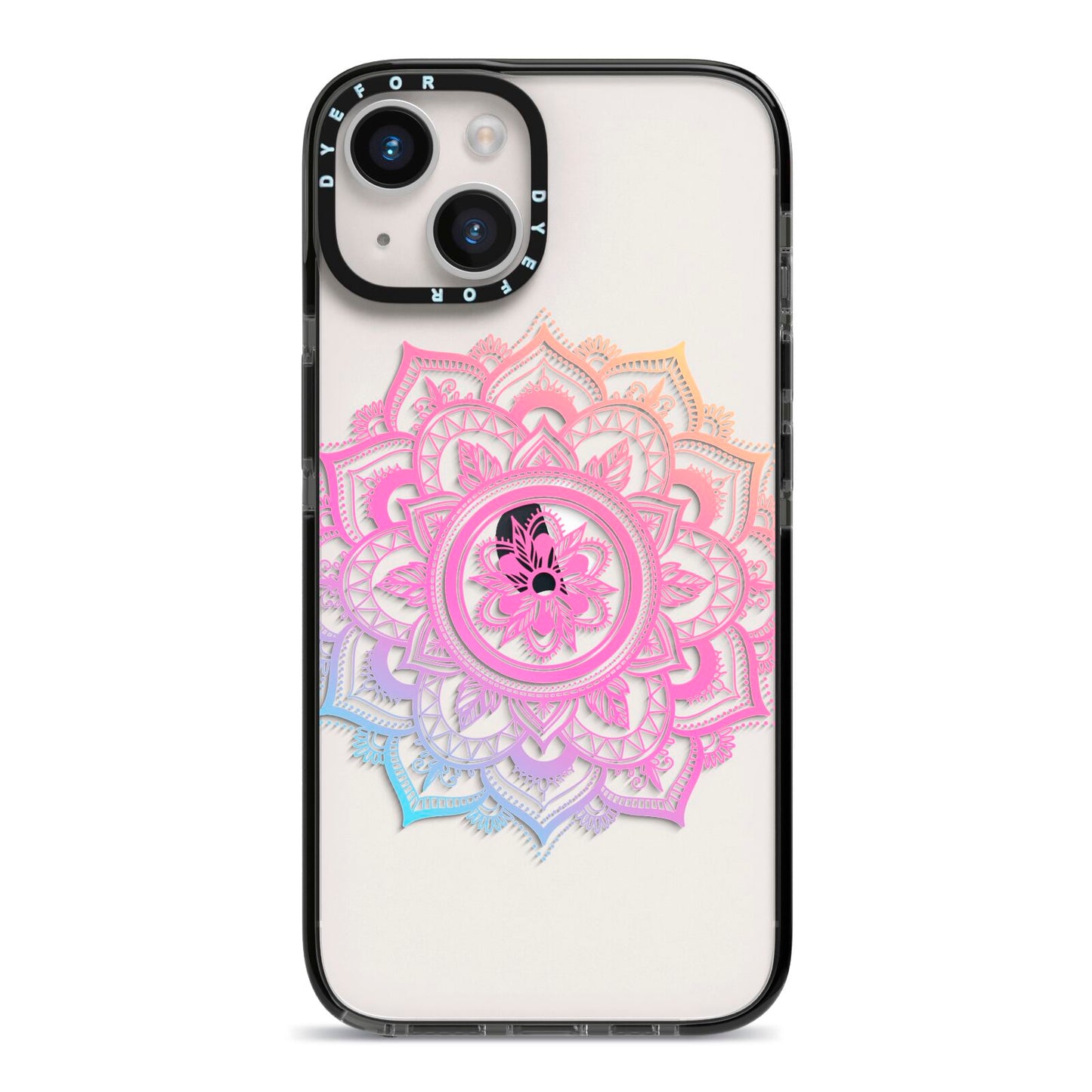 Rainbow Mandala iPhone 14 Black Impact Case on Silver phone