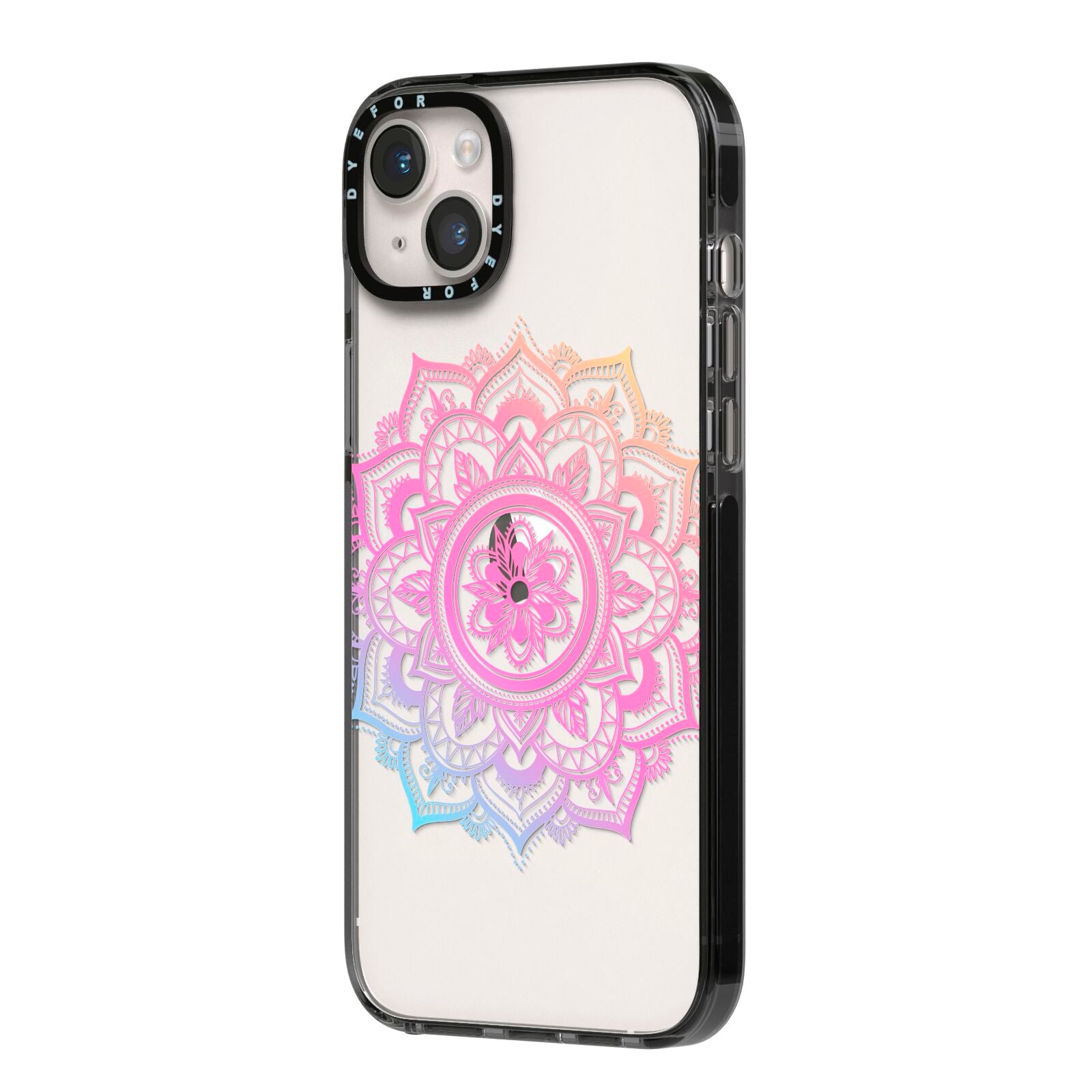 Rainbow Mandala iPhone 14 Plus Black Impact Case Side Angle on Silver phone