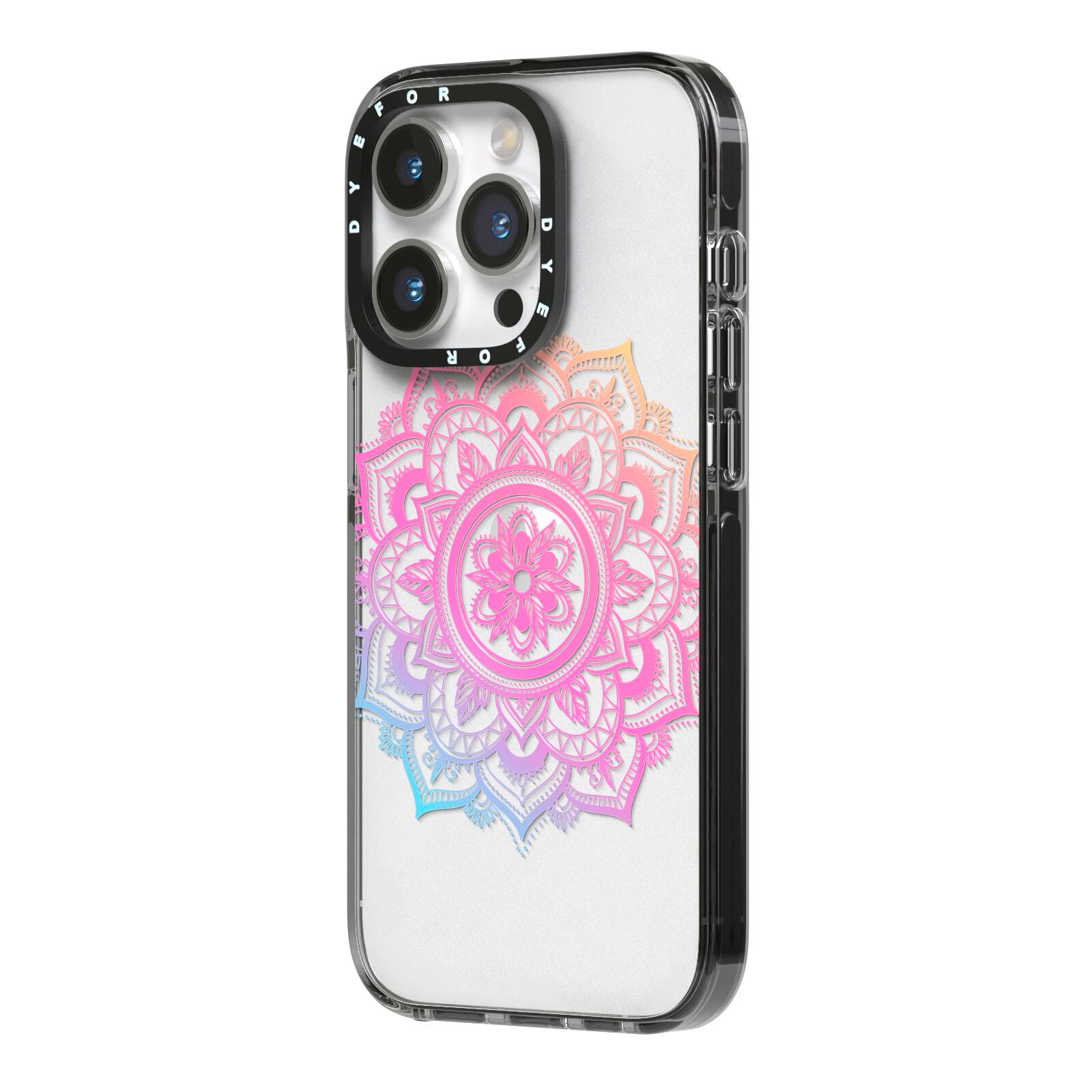 Rainbow Mandala iPhone 14 Pro Black Impact Case Side Angle on Silver phone