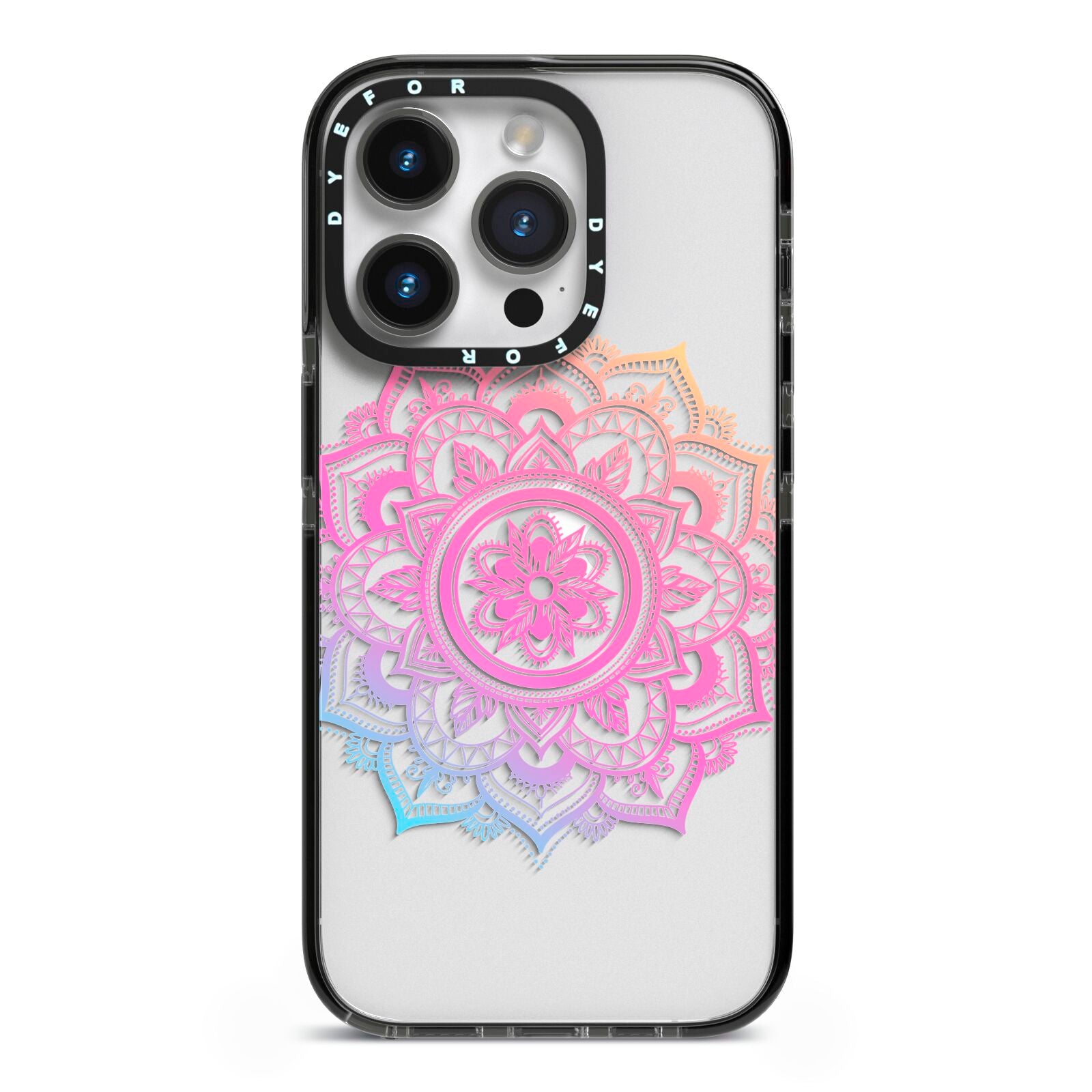 Rainbow Mandala iPhone 14 Pro Black Impact Case on Silver phone