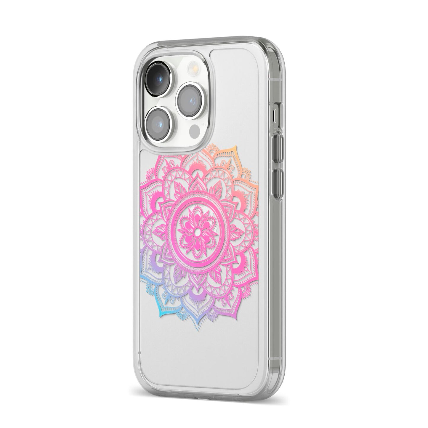 Rainbow Mandala iPhone 14 Pro Clear Tough Case Silver Angled Image