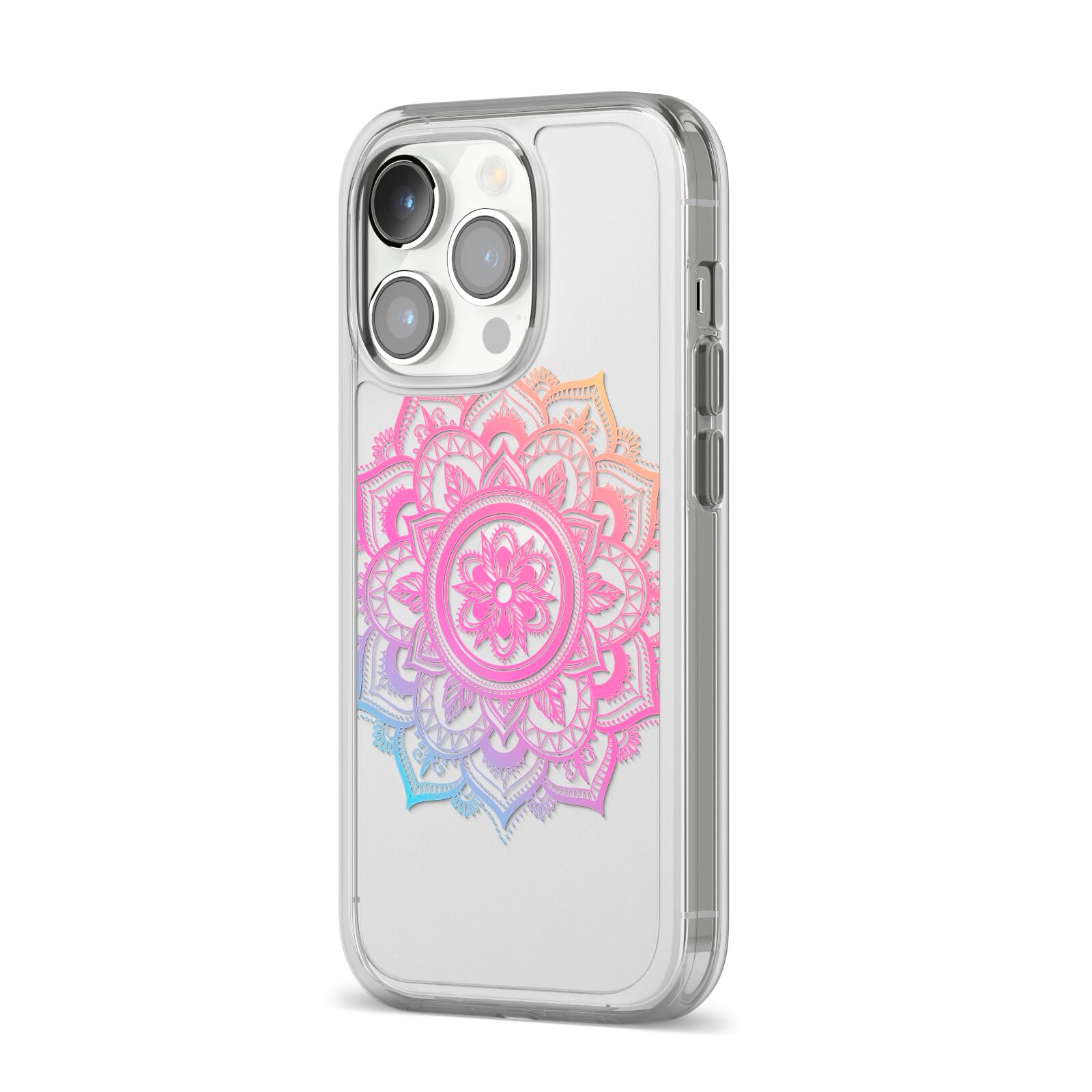 Rainbow Mandala iPhone 14 Pro Clear Tough Case Silver Angled Image