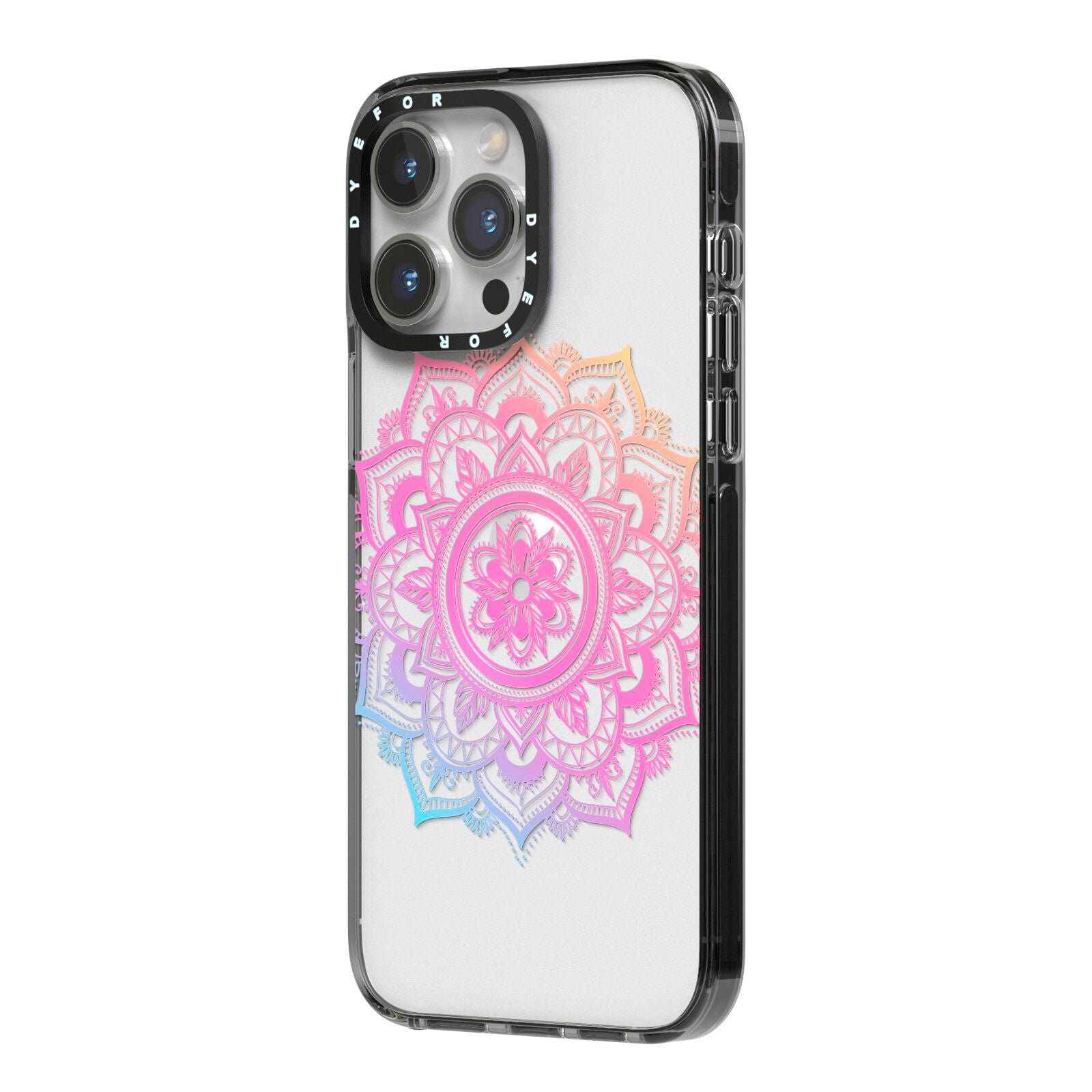 Rainbow Mandala iPhone 14 Pro Max Black Impact Case Side Angle on Silver phone