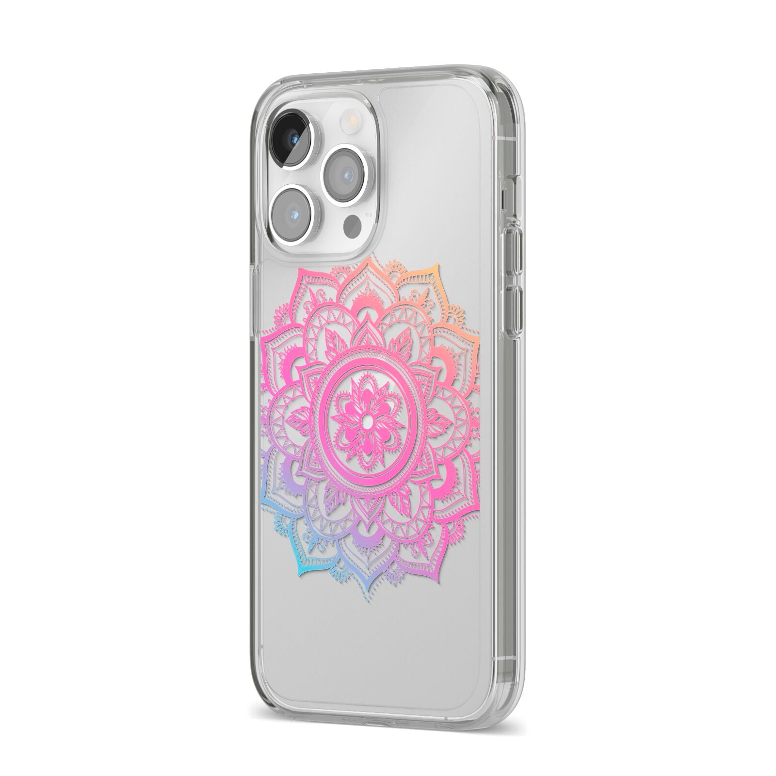 Rainbow Mandala iPhone 14 Pro Max Clear Tough Case Silver Angled Image