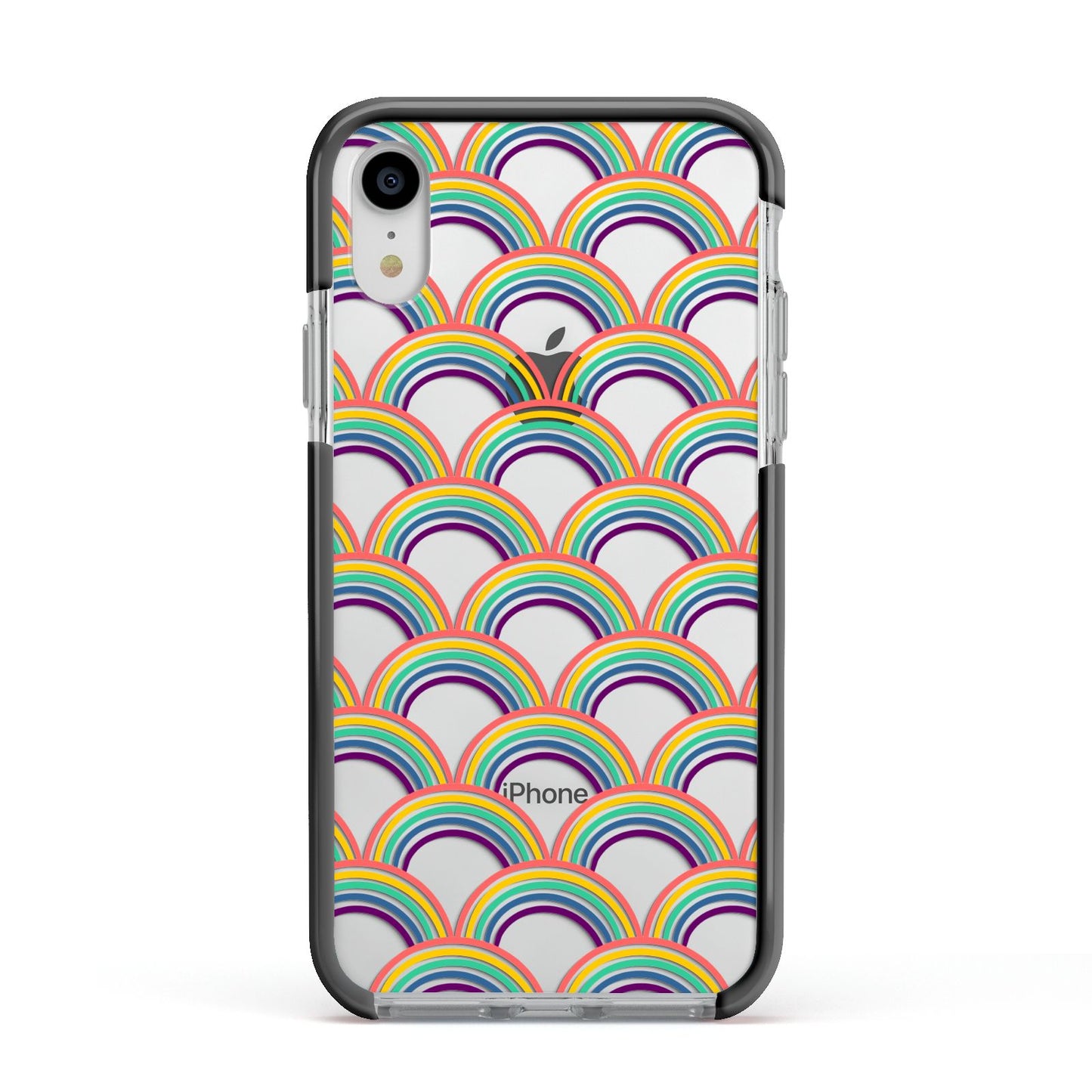 Rainbow Pattern Apple iPhone XR Impact Case Black Edge on Silver Phone