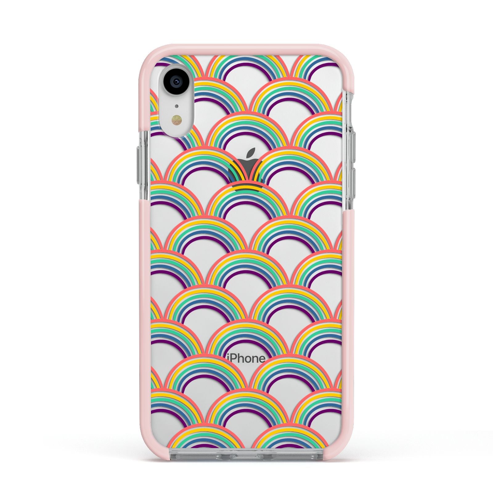 Rainbow Pattern Apple iPhone XR Impact Case Pink Edge on Silver Phone