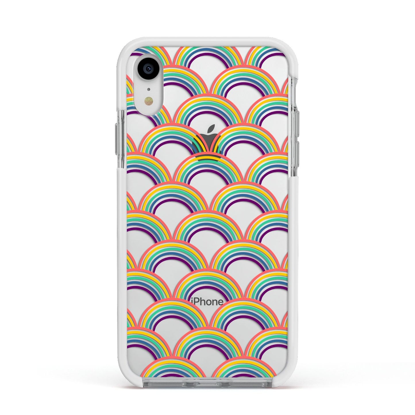 Rainbow Pattern Apple iPhone XR Impact Case White Edge on Silver Phone