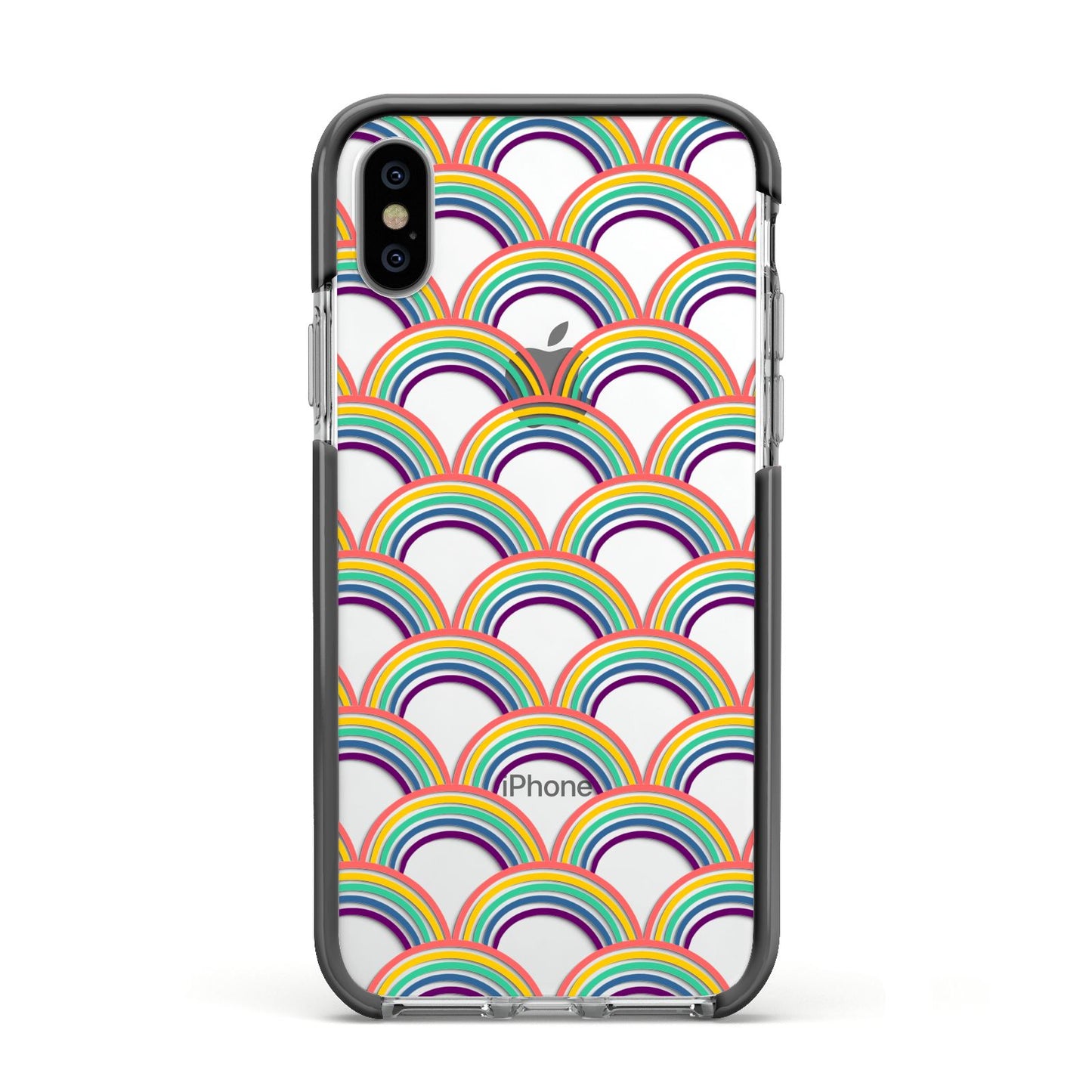 Rainbow Pattern Apple iPhone Xs Impact Case Black Edge on Silver Phone